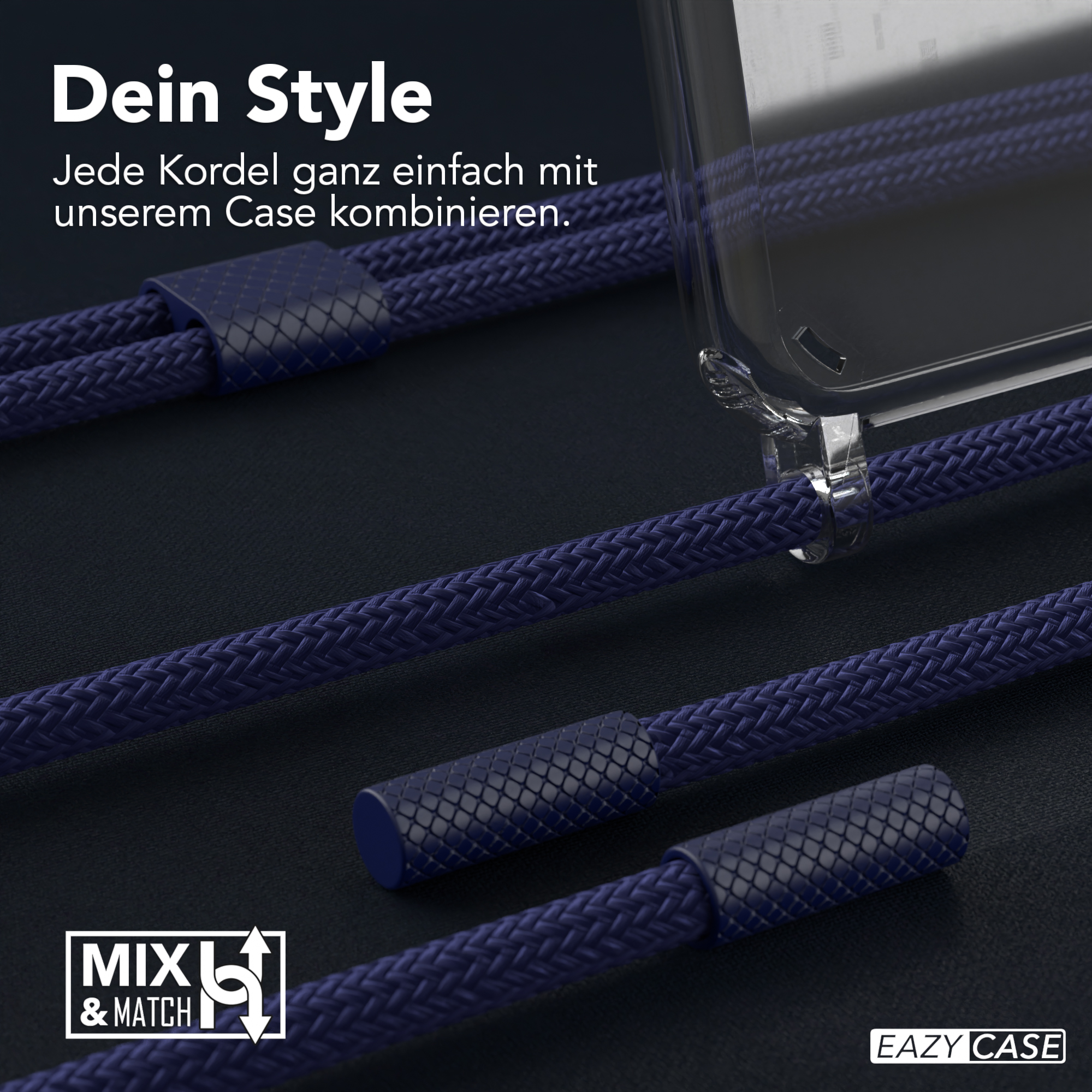 Nahaufnahme von blau geflochtenen Kordeln und einer durchsichtigen Handyhülle. Text sagt 'Dein Style' und MXL & MATCH Logo.