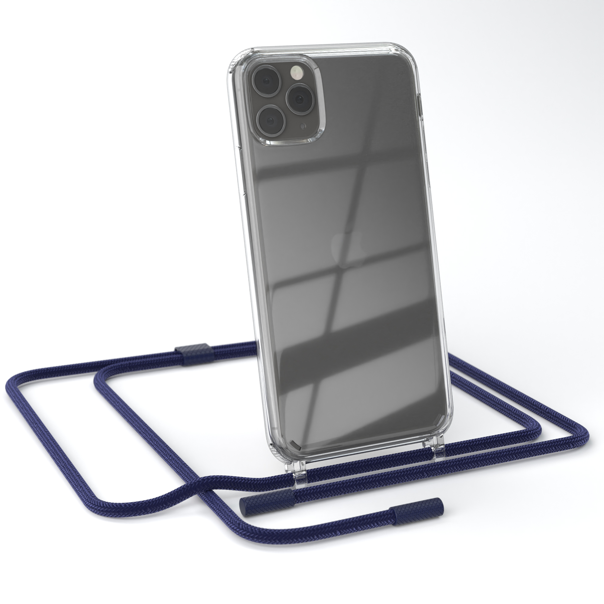 Transparente Handyhülle mit marineblauem Umhängeband, auf einem Telefon. Das Telefon ist schwarz.