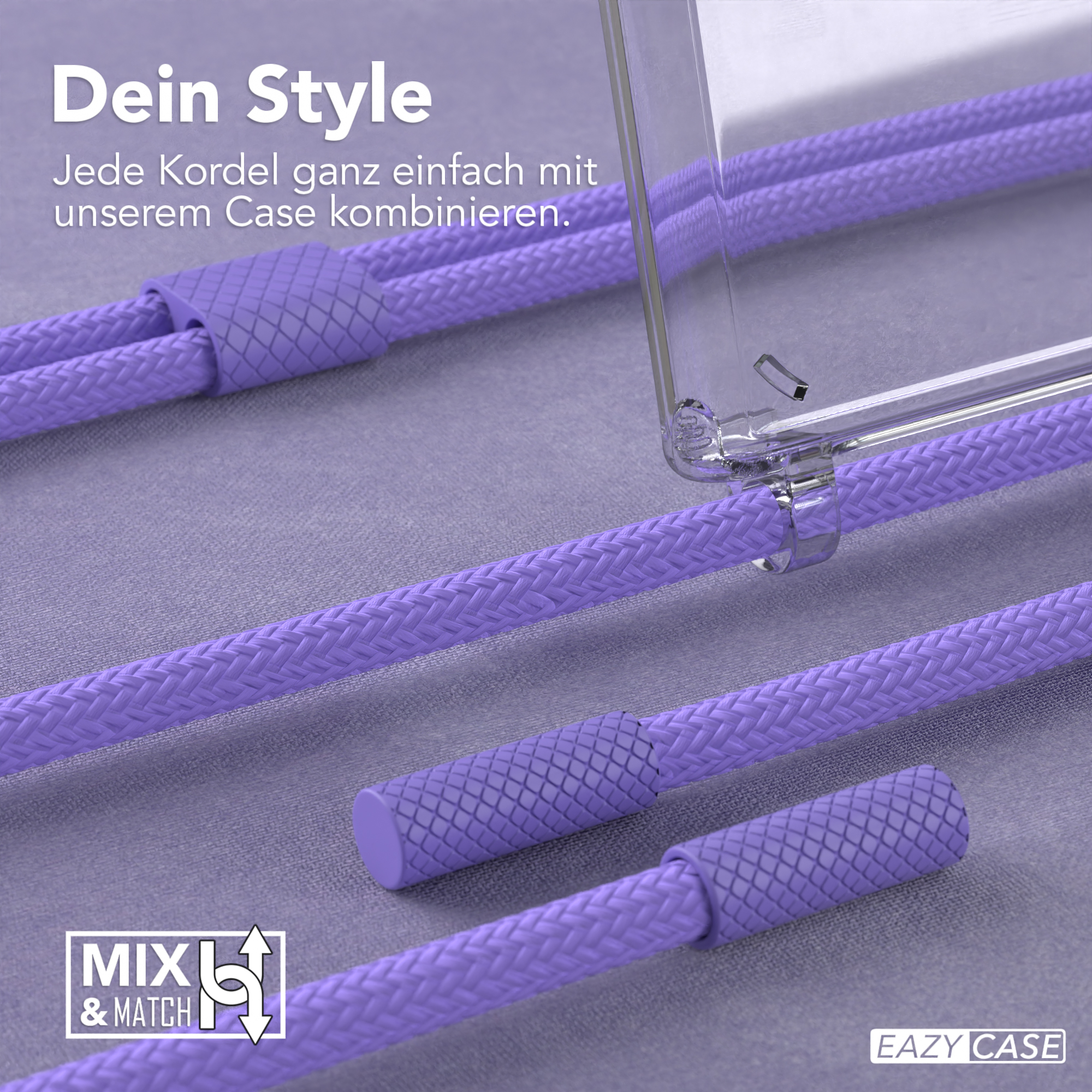 Lila geflochtene Telefonschnüre mit einer durchsichtigen Handyhülle. Mix and Match-Logo links, Eazy Case-Logo rechts.