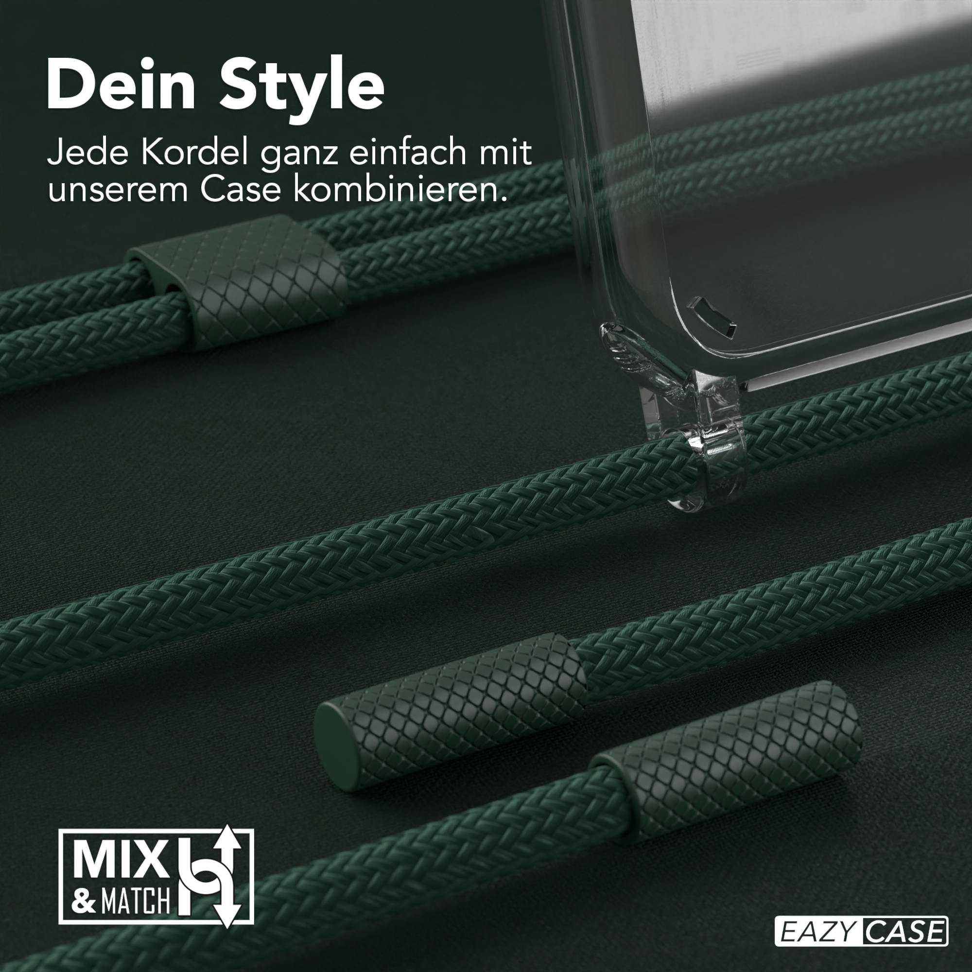 Grünes Handyhüllen-Lanyard-Detail mit Text: 'Dein Style. Kombinieren Sie jedes Lanyard mit unserem Case'.