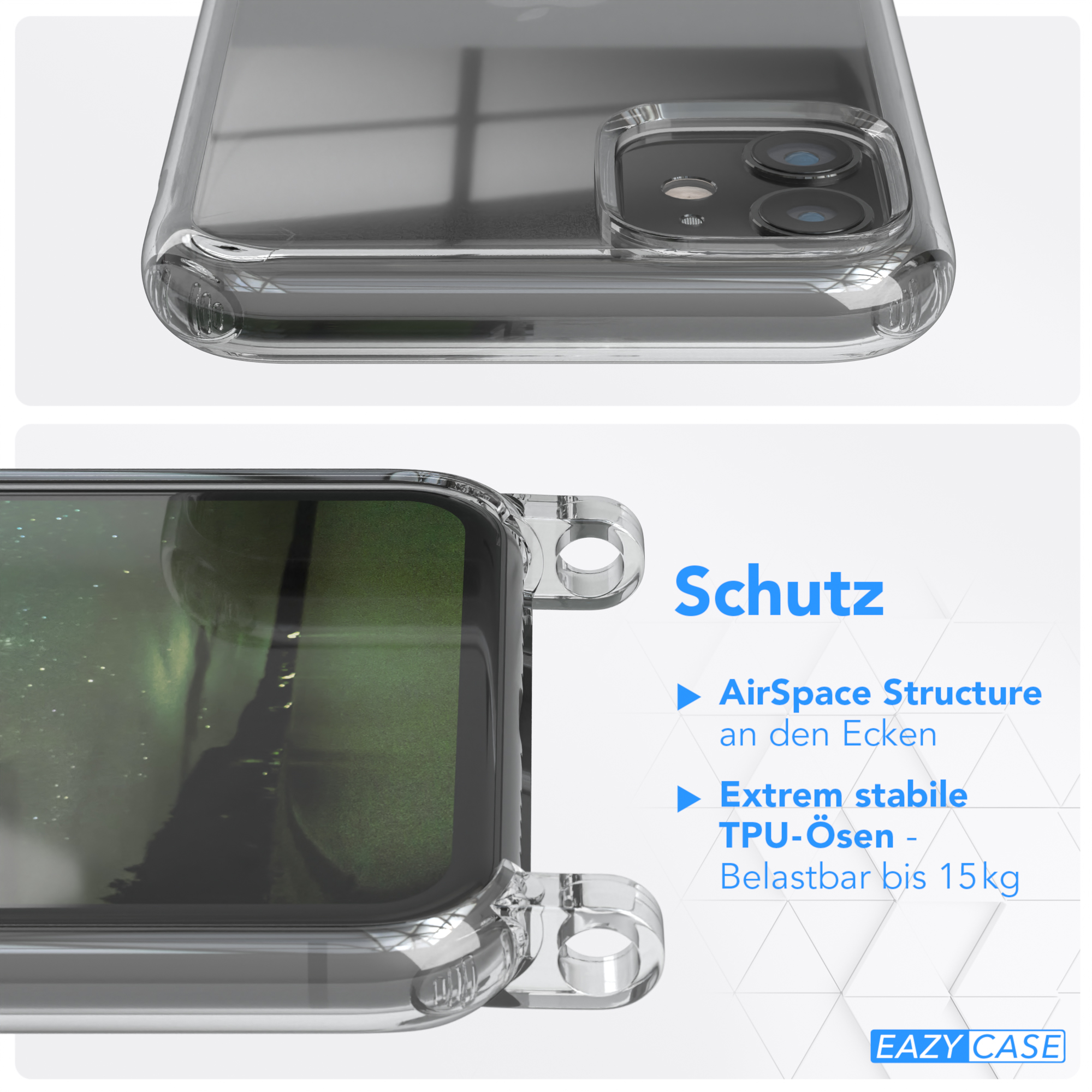 Nahaufnahme einer transparenten Handyhülle mit Text, der Funktionen und Branding anzeigt.
