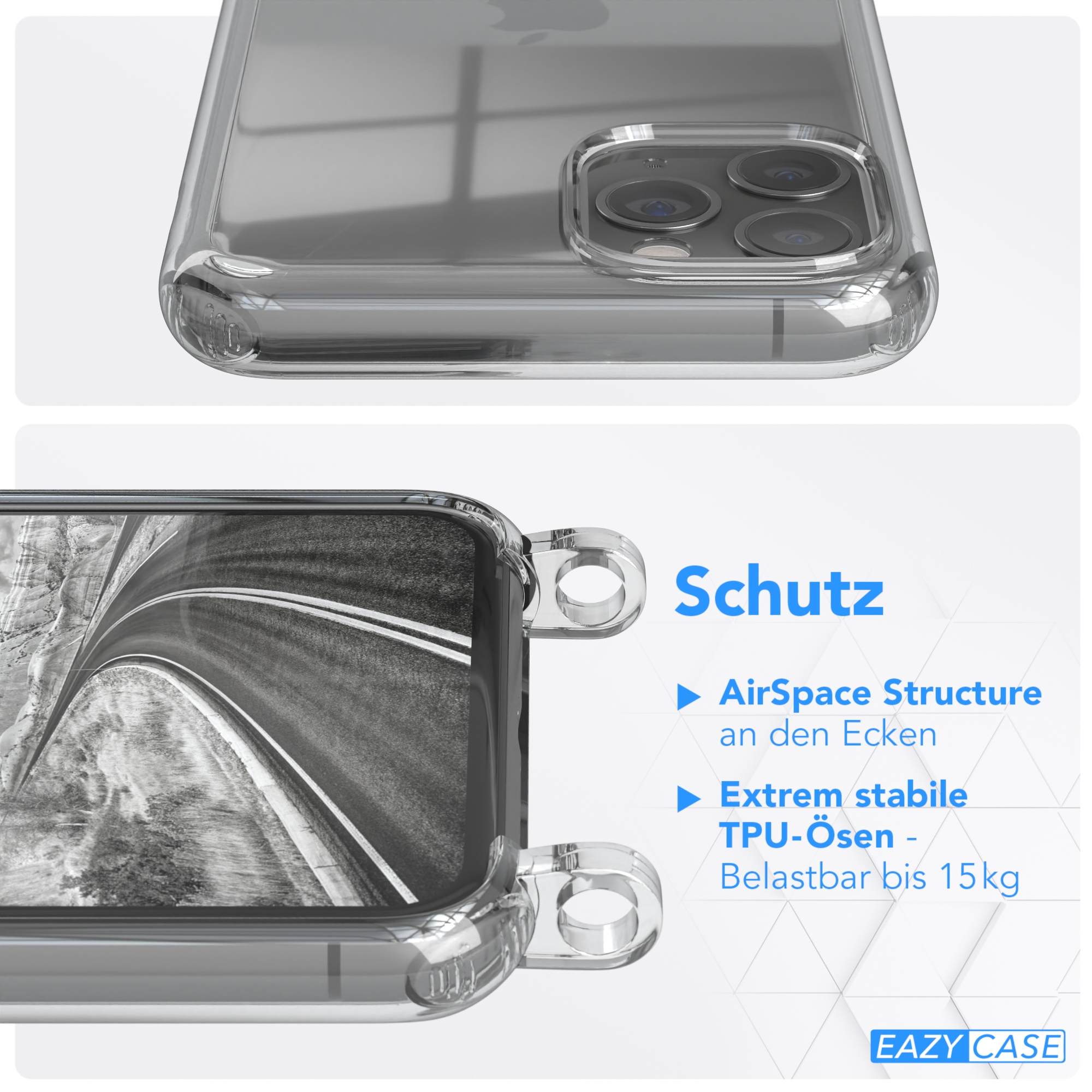 Transparente Handyhülle mit Details. Text: 'AirSpace Structure', 'TPU-öesen' und 'bis zu 15kg'.