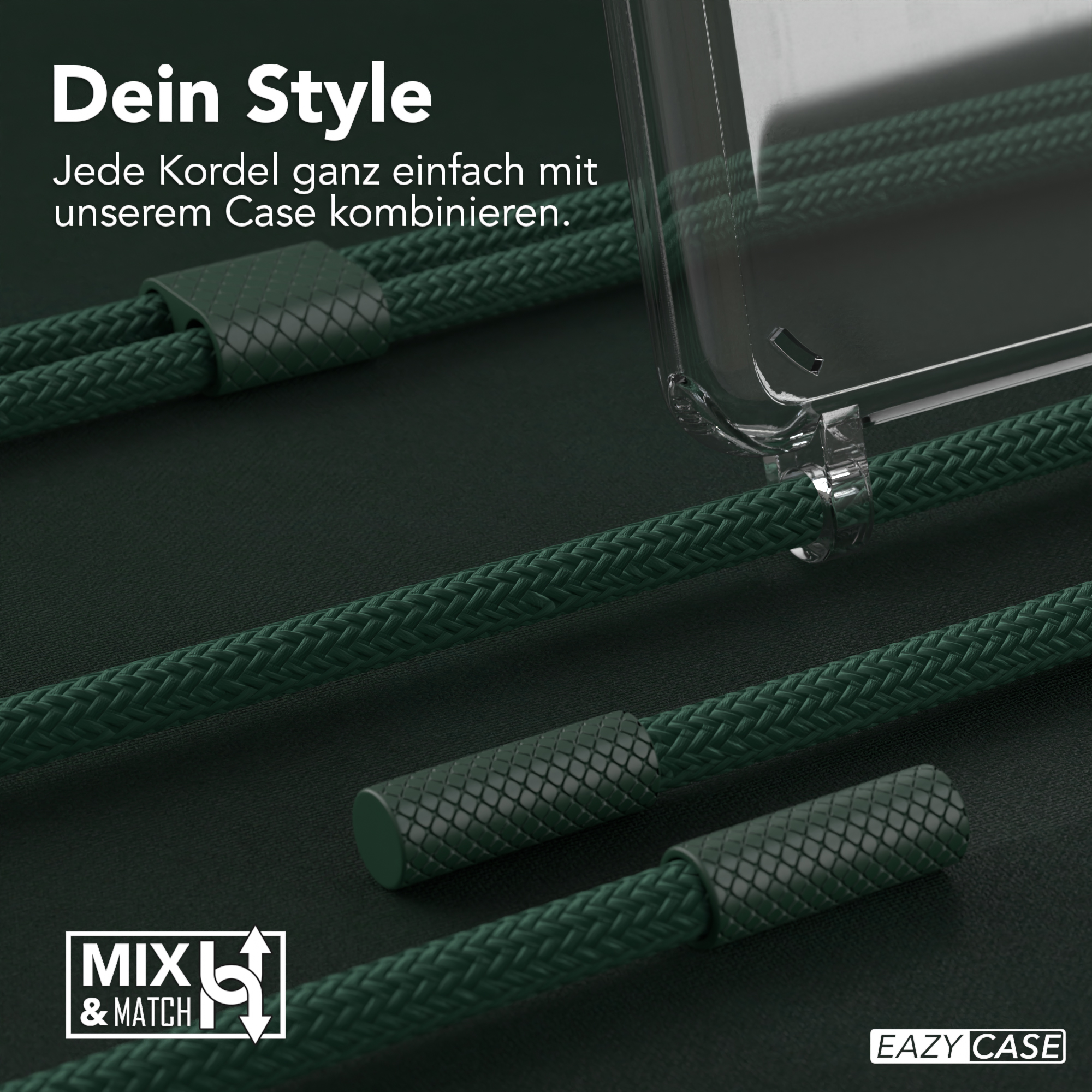 Grünes Handyhüllen-Lanyard-Detail mit Text: 'Dein Style. Kombinieren Sie jedes Lanyard mit unserem Case'.