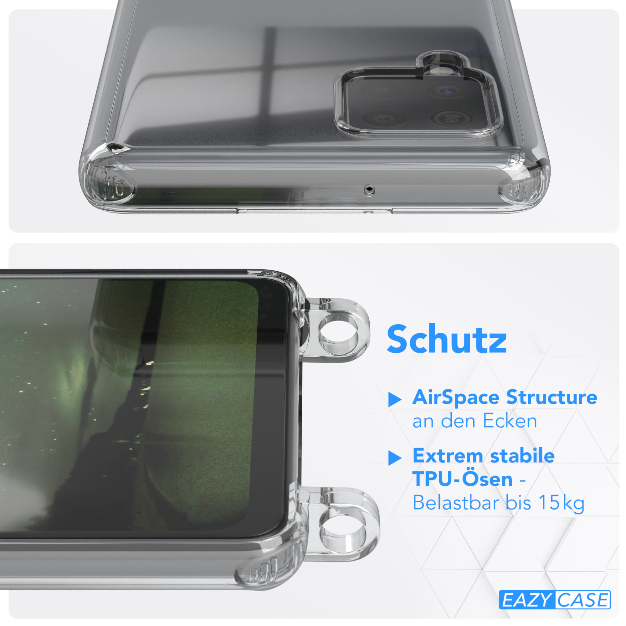 Eine transparente Handyhülle mit verstärkten Ecken, die den Schutz zeigt.