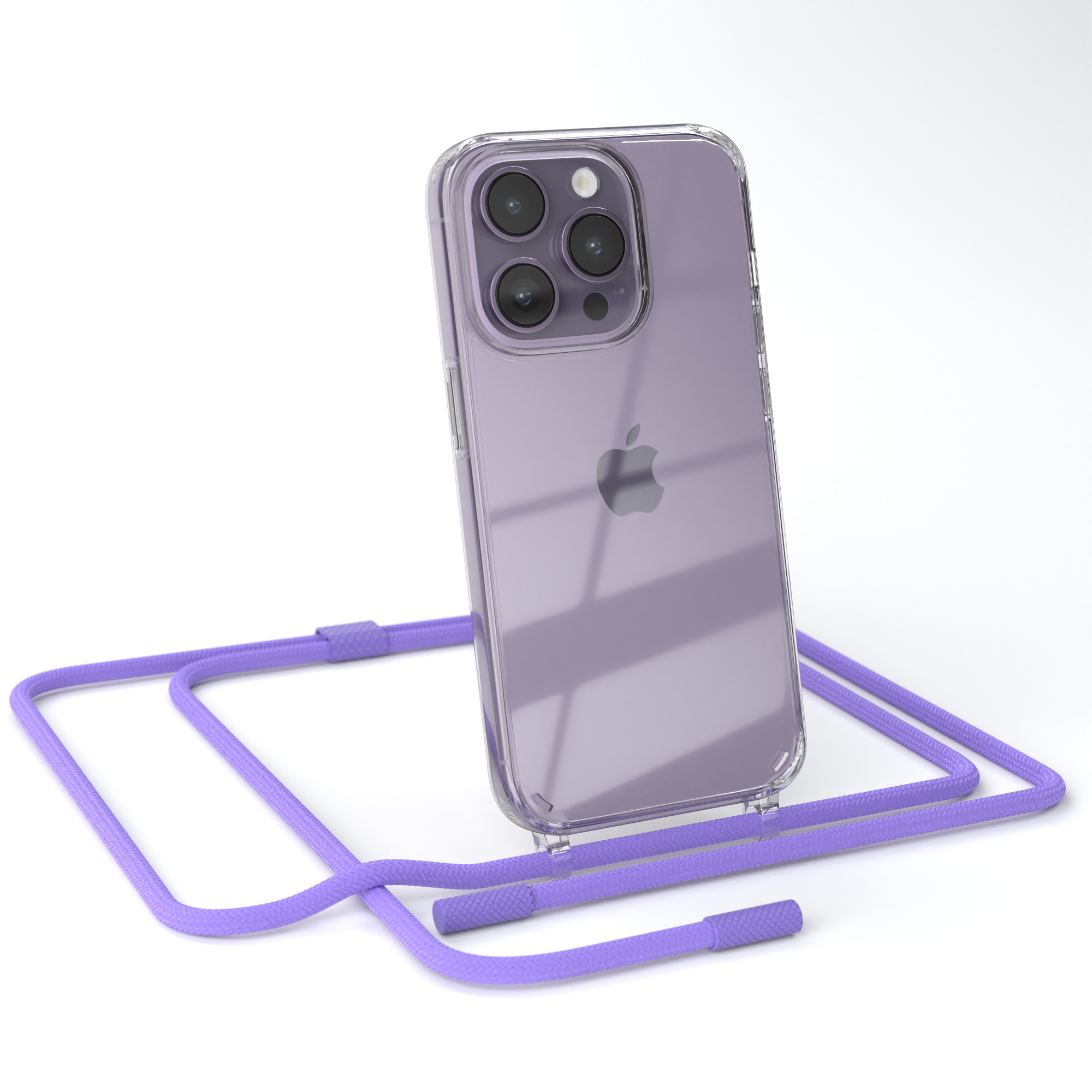Eine transparente Handyhülle mit einem lila Schlüsselband. Das Telefon hat mehrere Kameras.