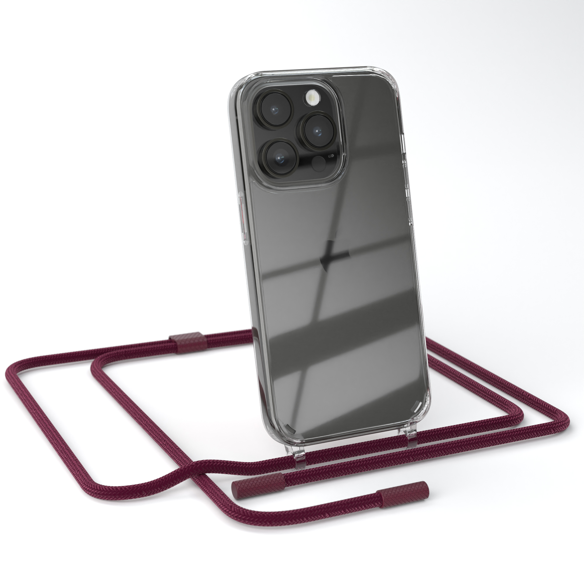 EAZY CASE Transparente Handyhülle Rot / unifarbend, runder Bordeaux Pro, iPhone Apple, Kette mit 14 Umhängetasche, Beere