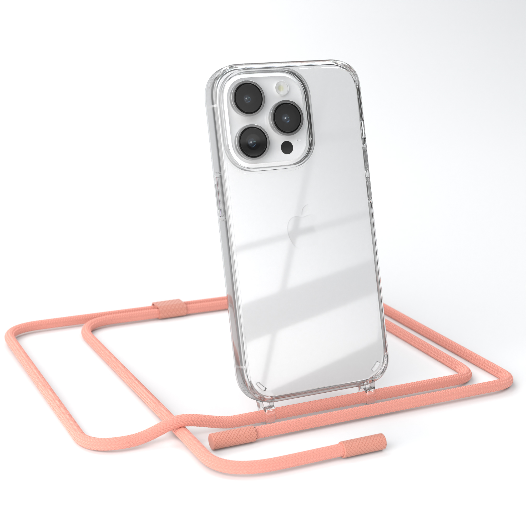 Transparente Handyhülle mit pinkfarbenem Umhängeband auf weißem Hintergrund. Telefon hat 3 Kameras.