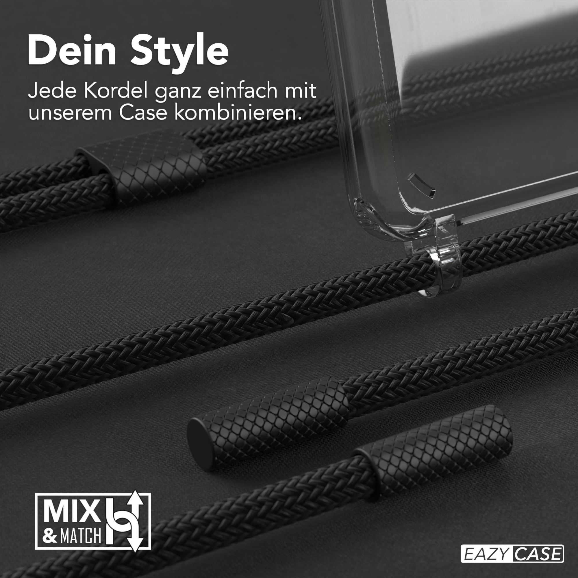 Nahaufnahme von schwarzen geflochtenen Kordeln mit einer Handyhülle, zeigt das 'MXL & MATCH'-Logo.