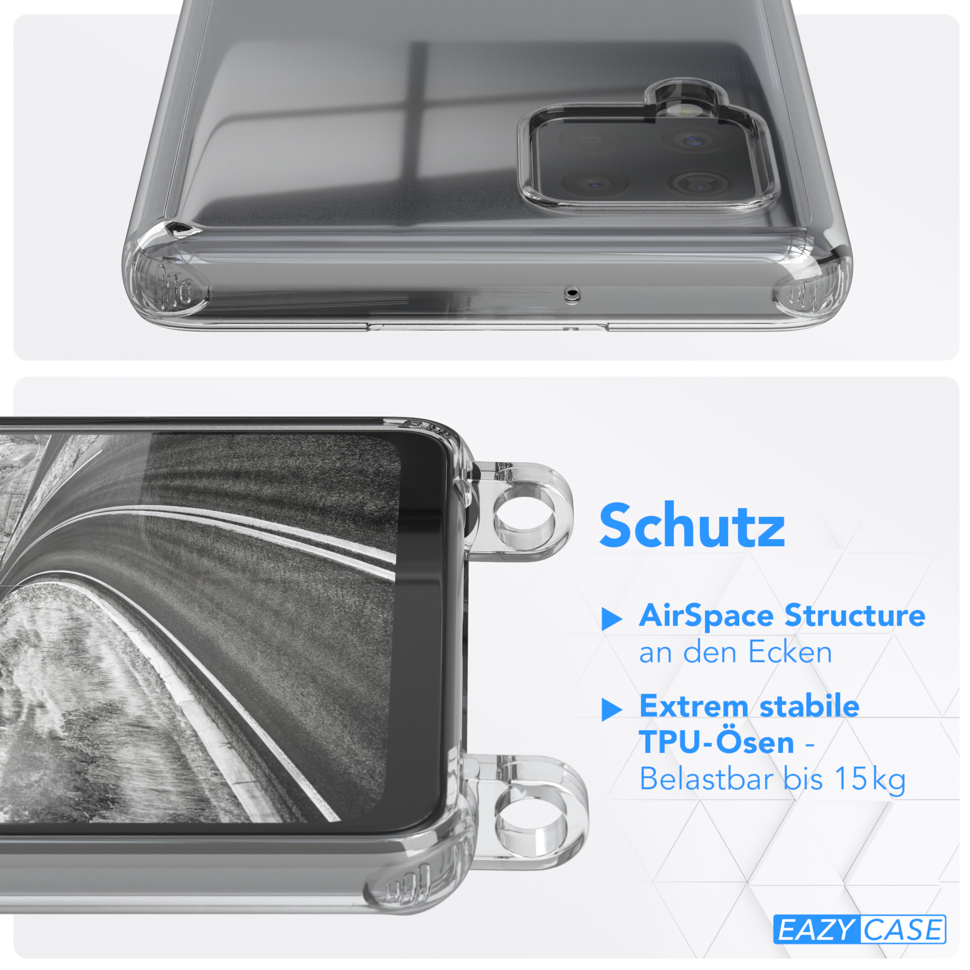 Transparente Handyhülle mit Telefon. Text zeigt Schutzfunktionen der Hülle.