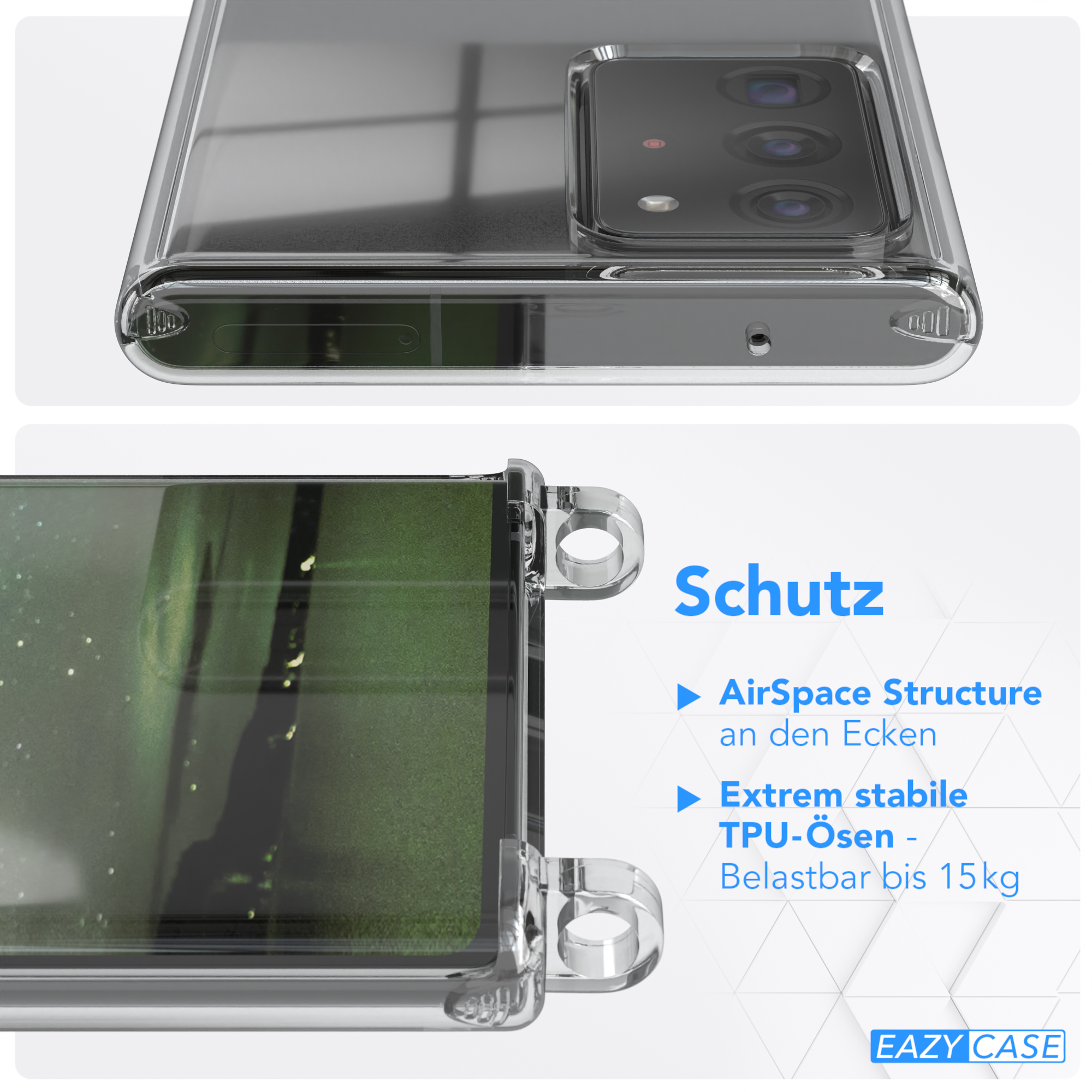 Transparente Handyhülle mit Schutzfunktionen. Nahaufnahme der Kanten.
