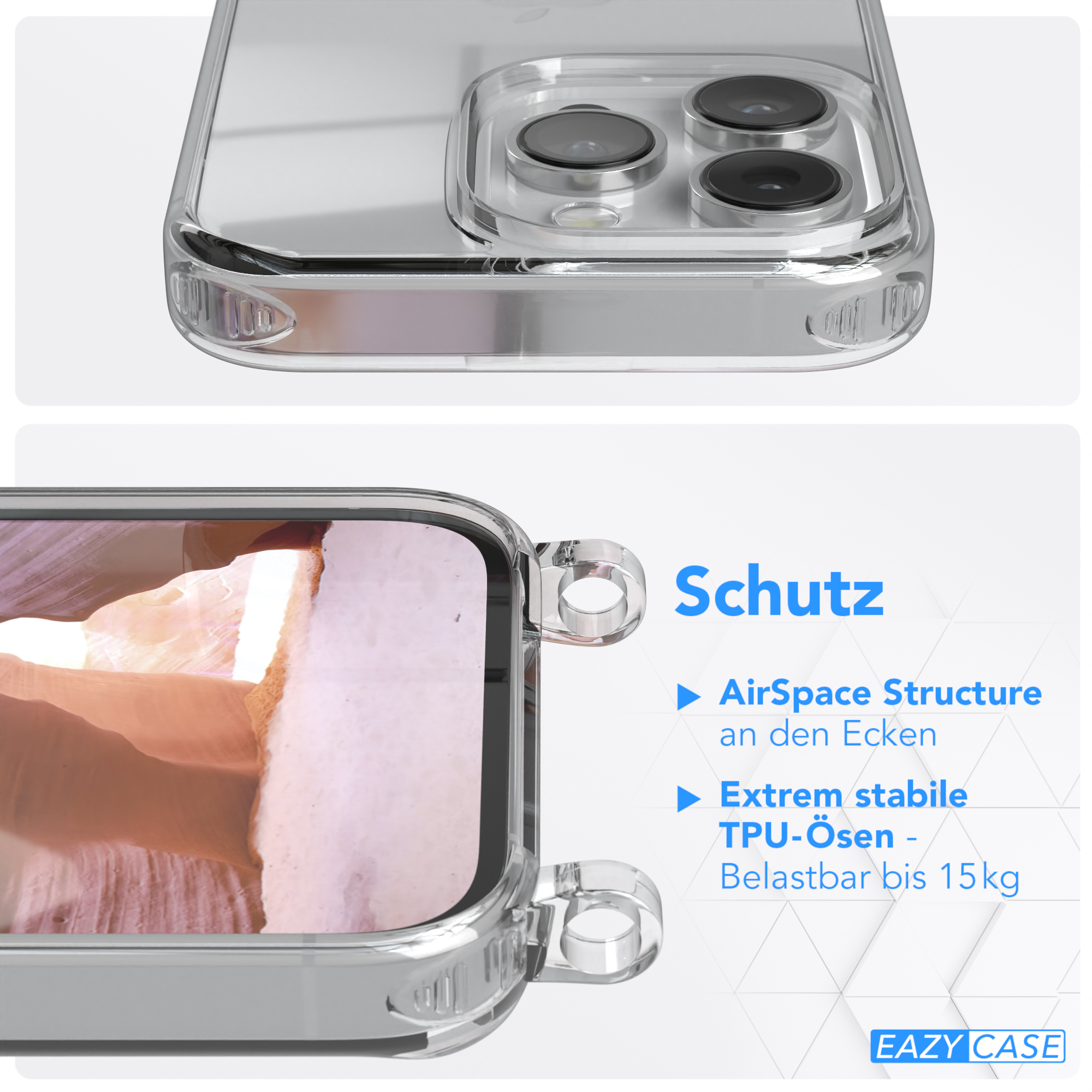 Nahaufnahme einer transparenten Handyhülle mit Branding. Text lautet 'Schutz', 'AirSpace Structure' und 'TPU-Ösen'.