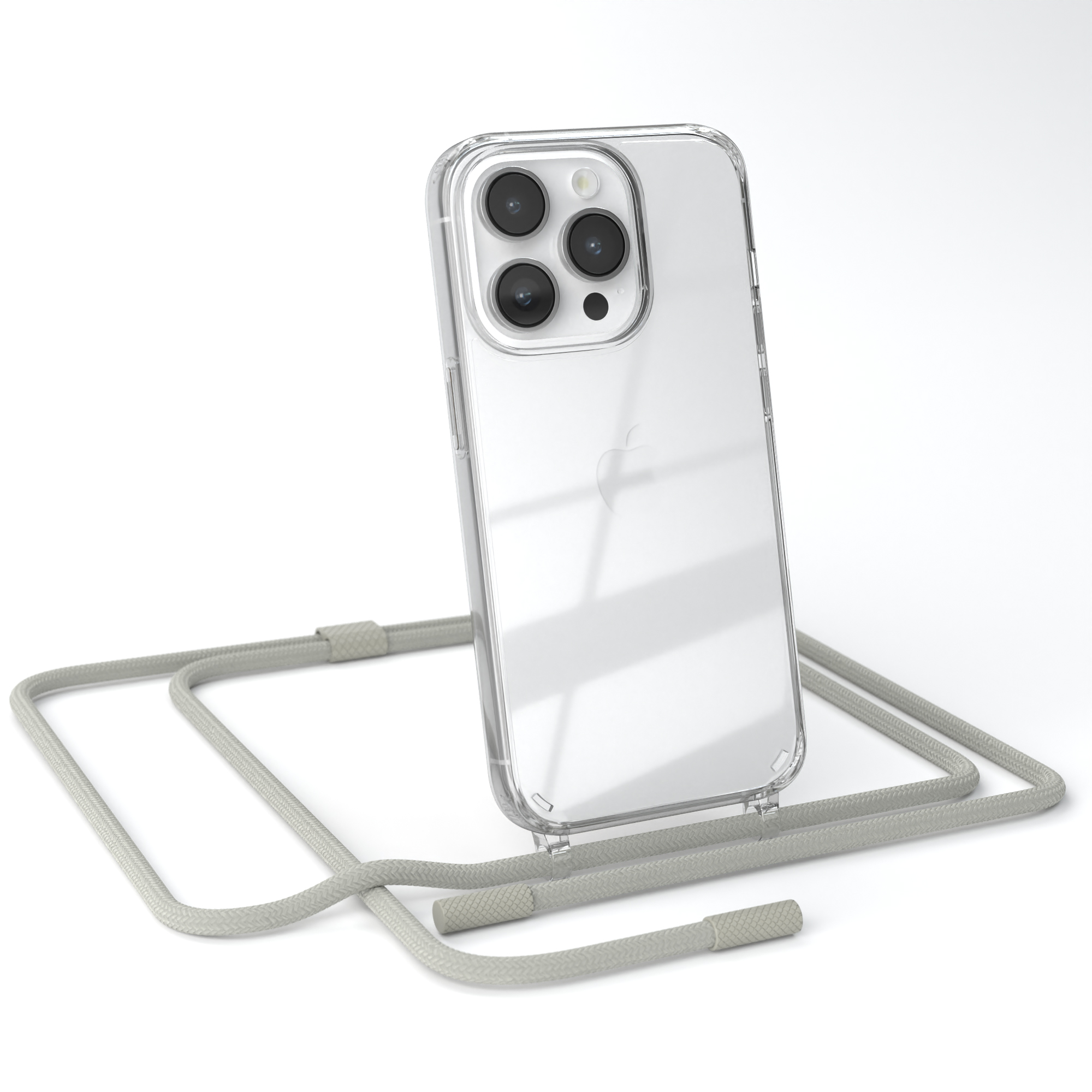 Eine transparente Handyhülle mit grauem Kordel. Das Telefon hat Kameras.