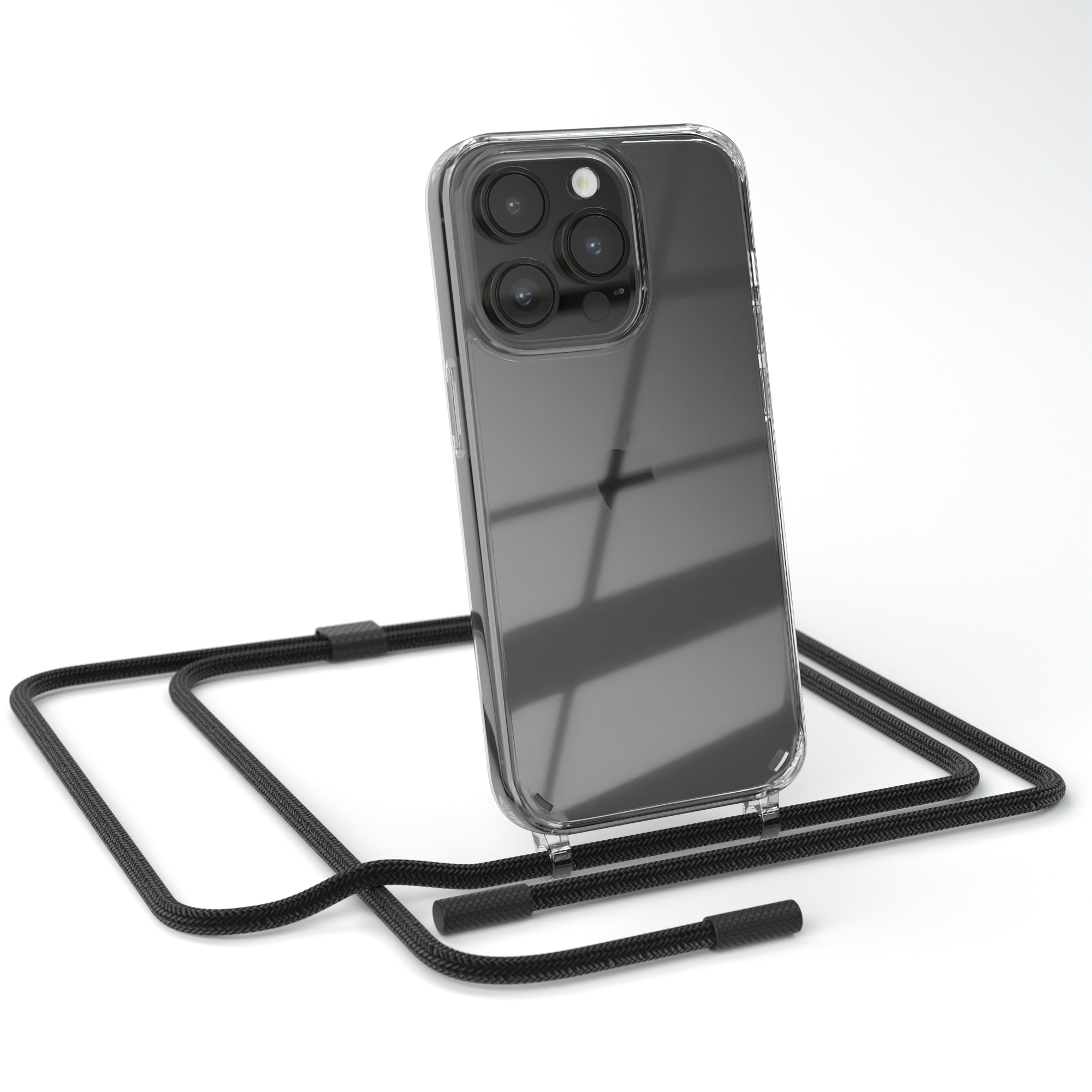 Telefon mit transparenter Hülle und schwarzem Umhängeband. Schwarzer Hintergrund.