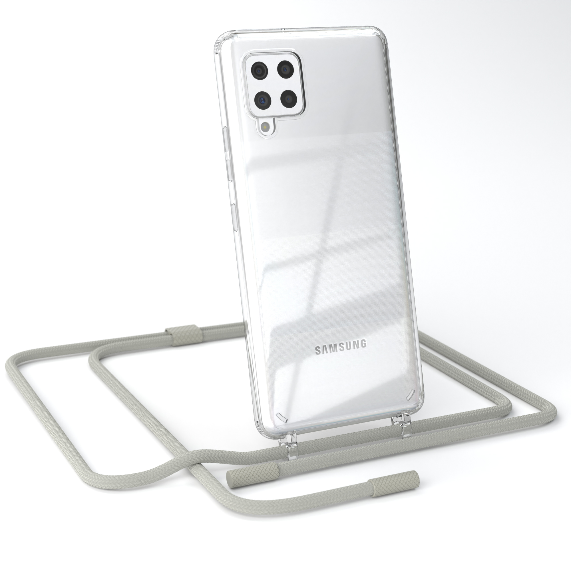 Eine transparente Handyhülle mit Telefon und Lanyard auf weißem Hintergrund.