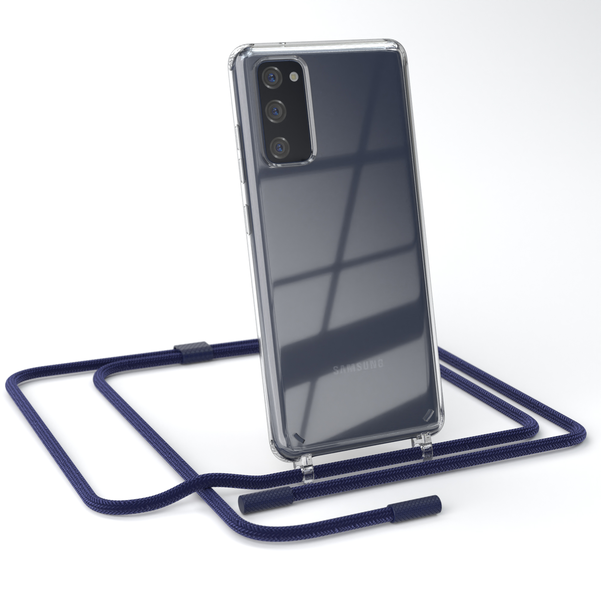 Transparente Handyhülle mit blauem Lanyard, Samsung-Telefon. Weißer Hintergrund.