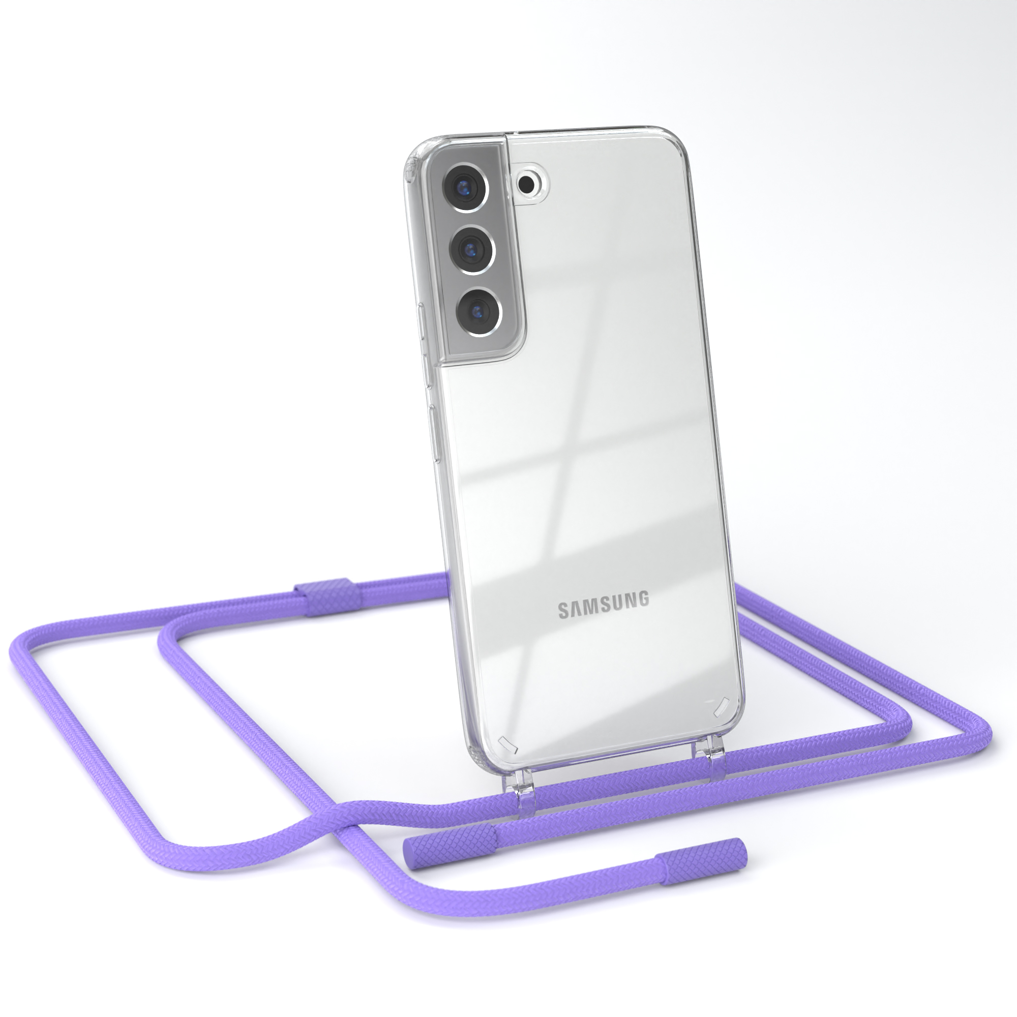 Transparente Handyhülle mit lila Lanyard auf weißem Hintergrund.