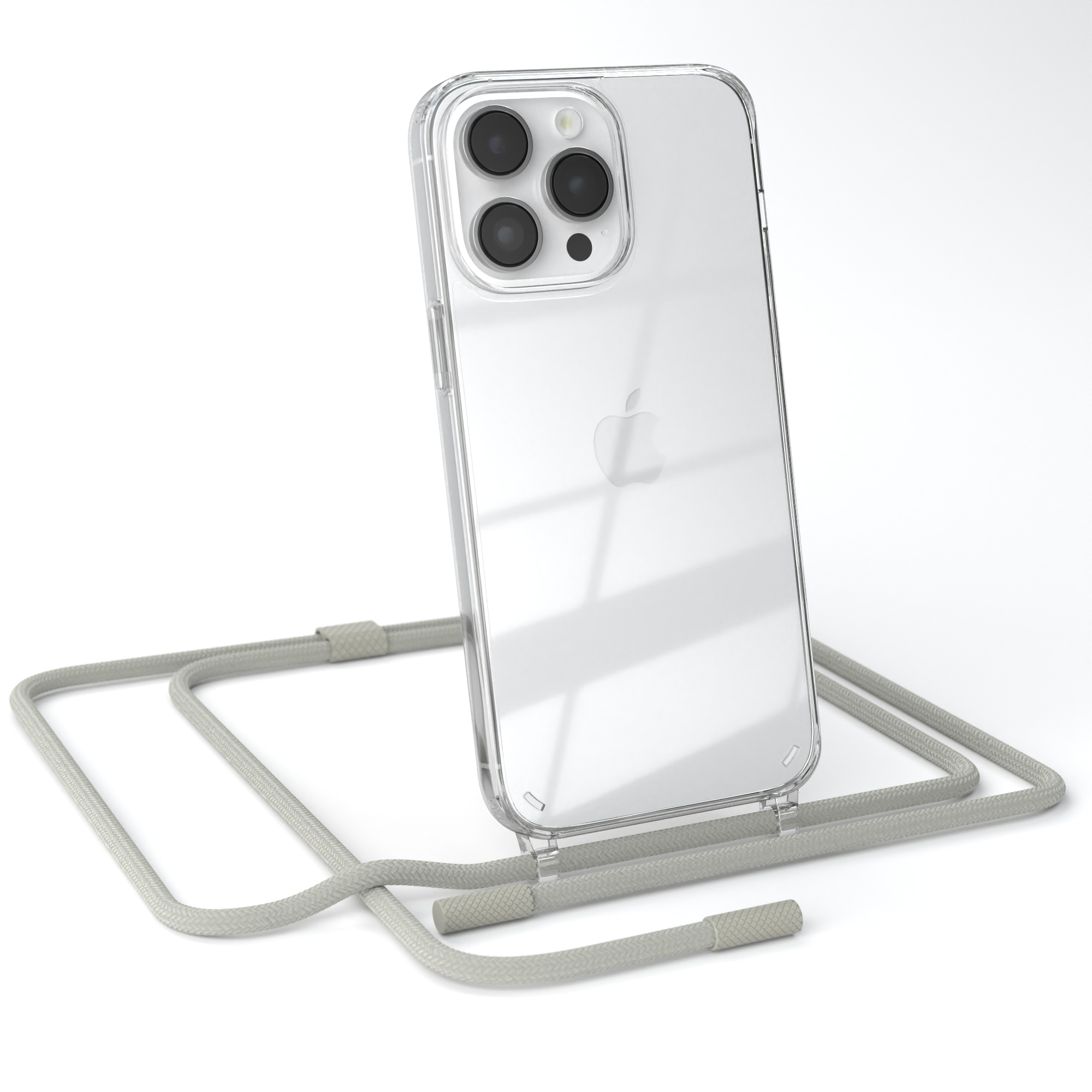 Transparente Handyhülle mit grauem Umhängeband und Telefon. Das Telefon hat drei Kameras und das Apple-Logo.