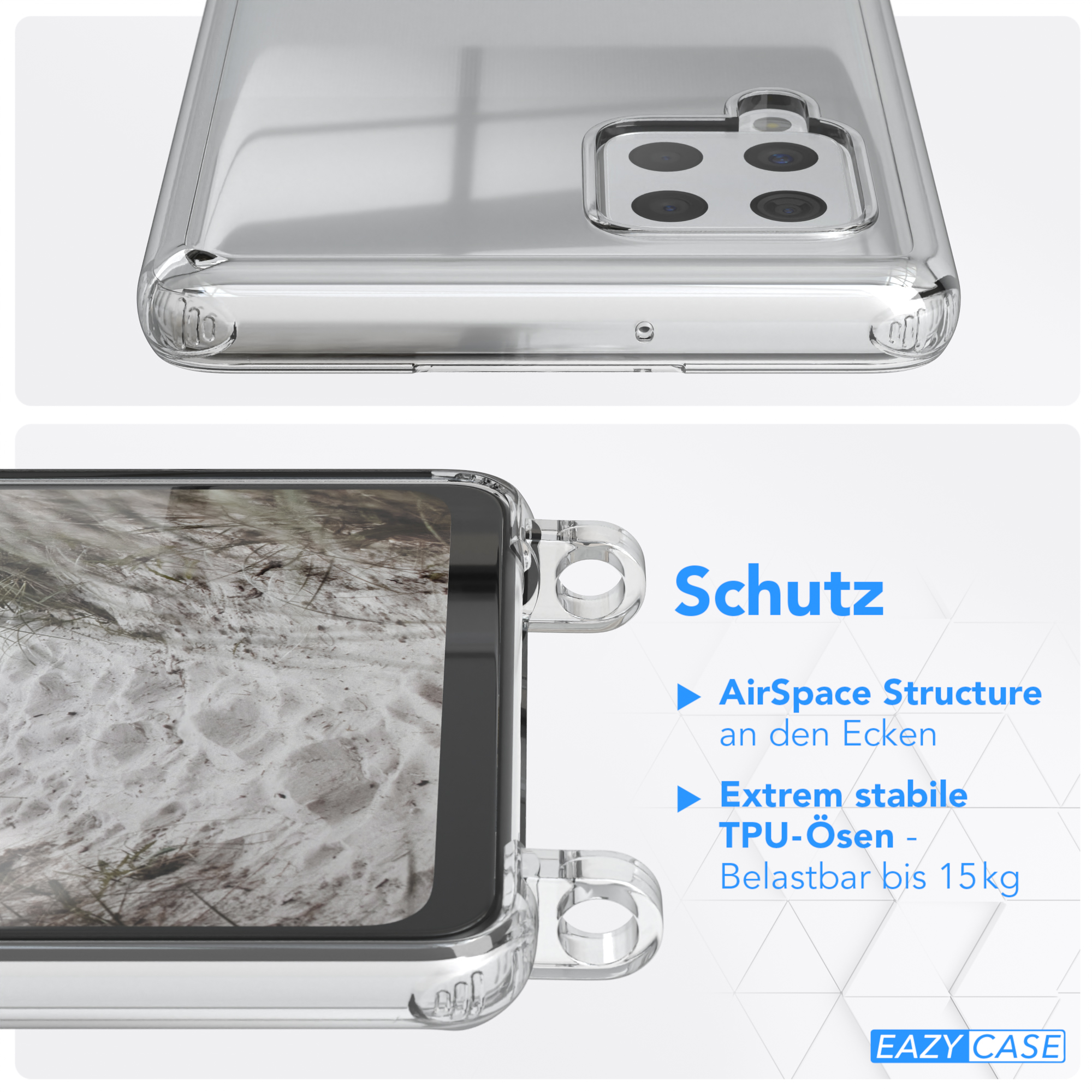 Transparente Handyhülle, die ihr Design zeigt, mit Nahaufnahme von Merkmalen und Schutzelementen.