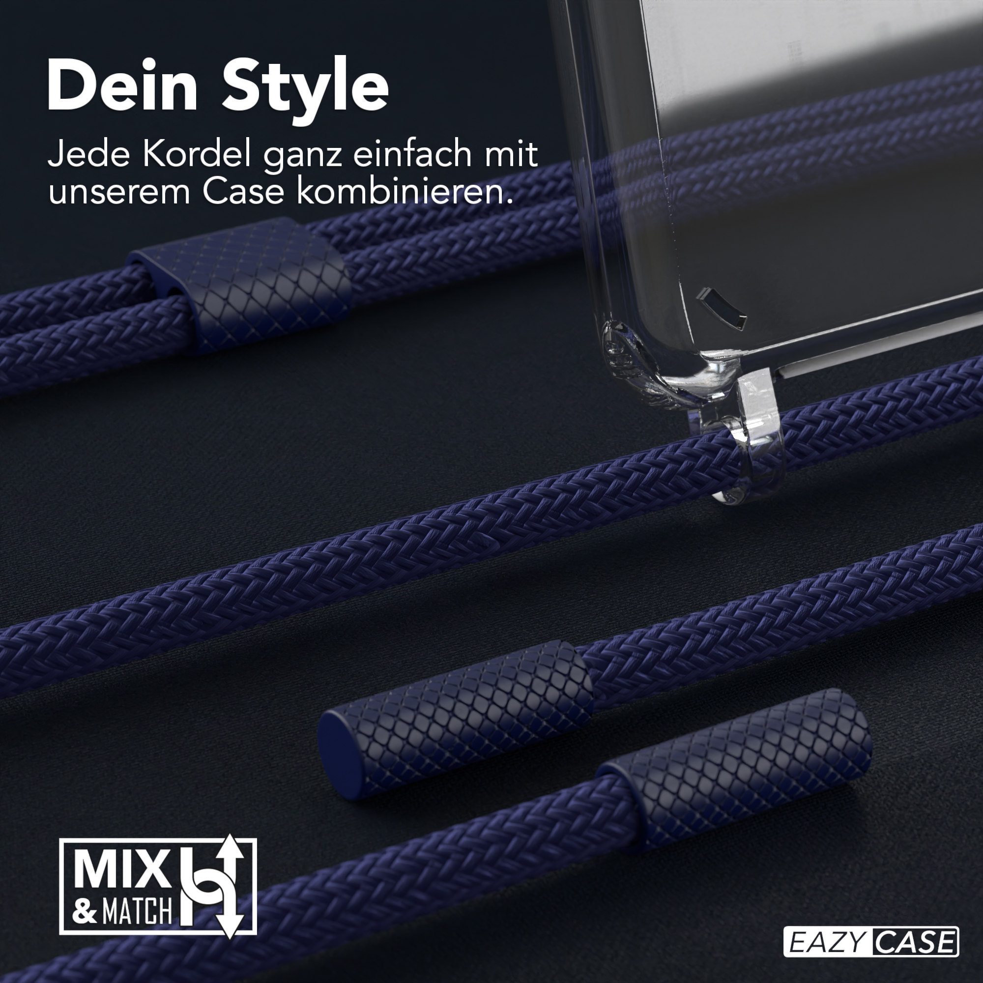 Nahaufnahme von blau geflochtenen Telefonkabeln. Der Text lautet 'Dein Style' und 'MXL & MATCH'.