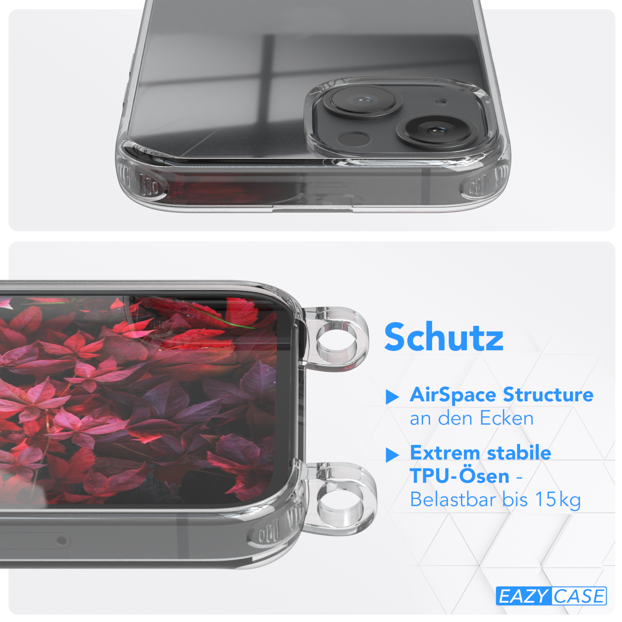 Transparente Handyhülle mit rotem Blatteinsatz. Text: Schutz. AirSpace-Struktur, TPU-Ösen und 15 kg Belastung.