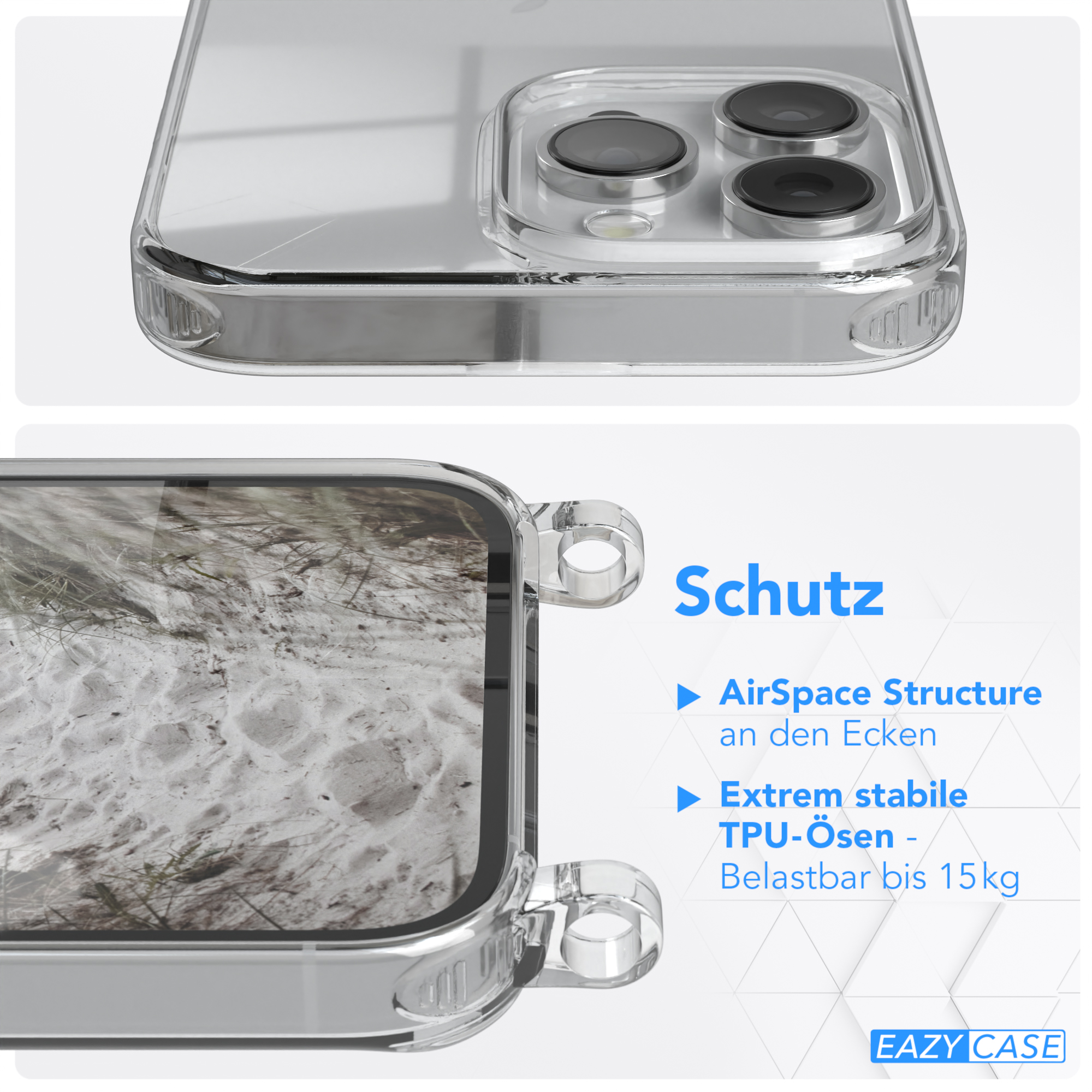 EAZY CASE Transparente Handyhülle mit 14 Kette Beige Taupe iPhone Umhängetasche, runder Apple, unifarbend, Grau Pro Max, 