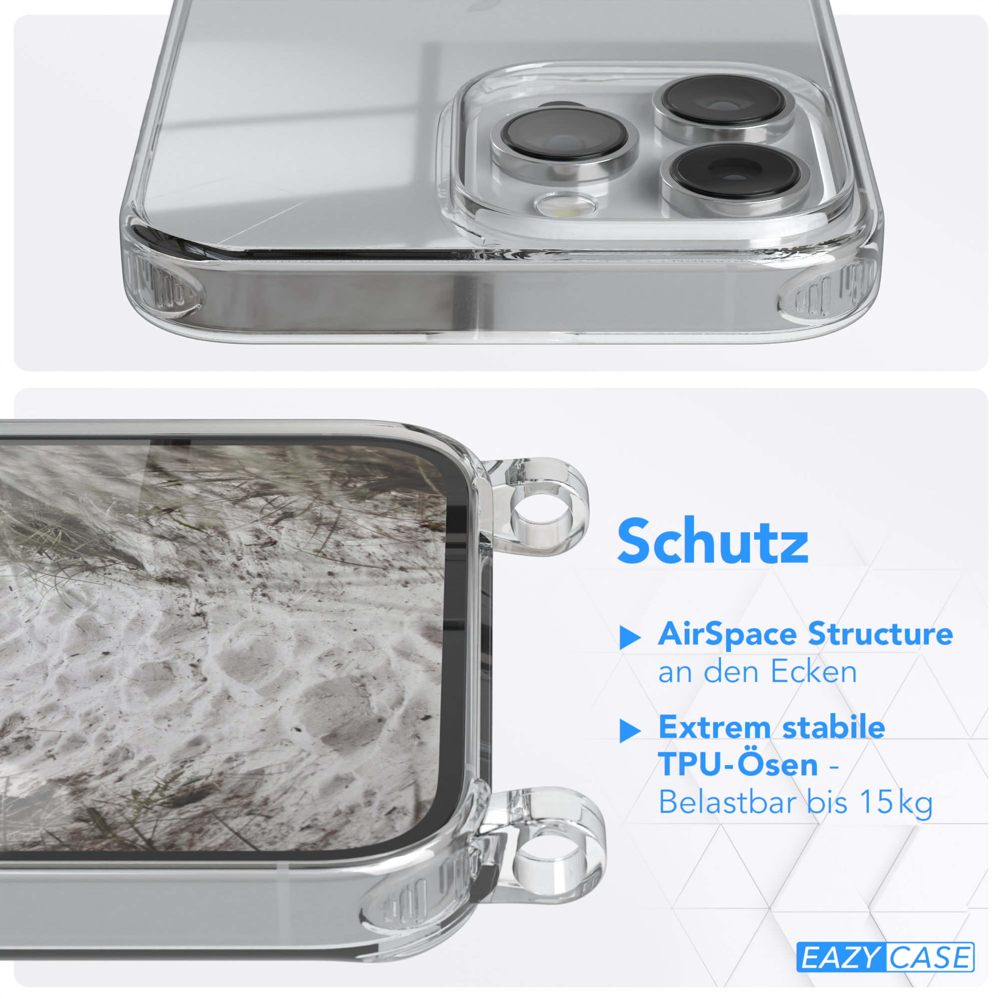 Klare Handyhülle mit transparentem Rücken, zeigt eine Strandszene. Die Hülle hat Schutzfunktionen.