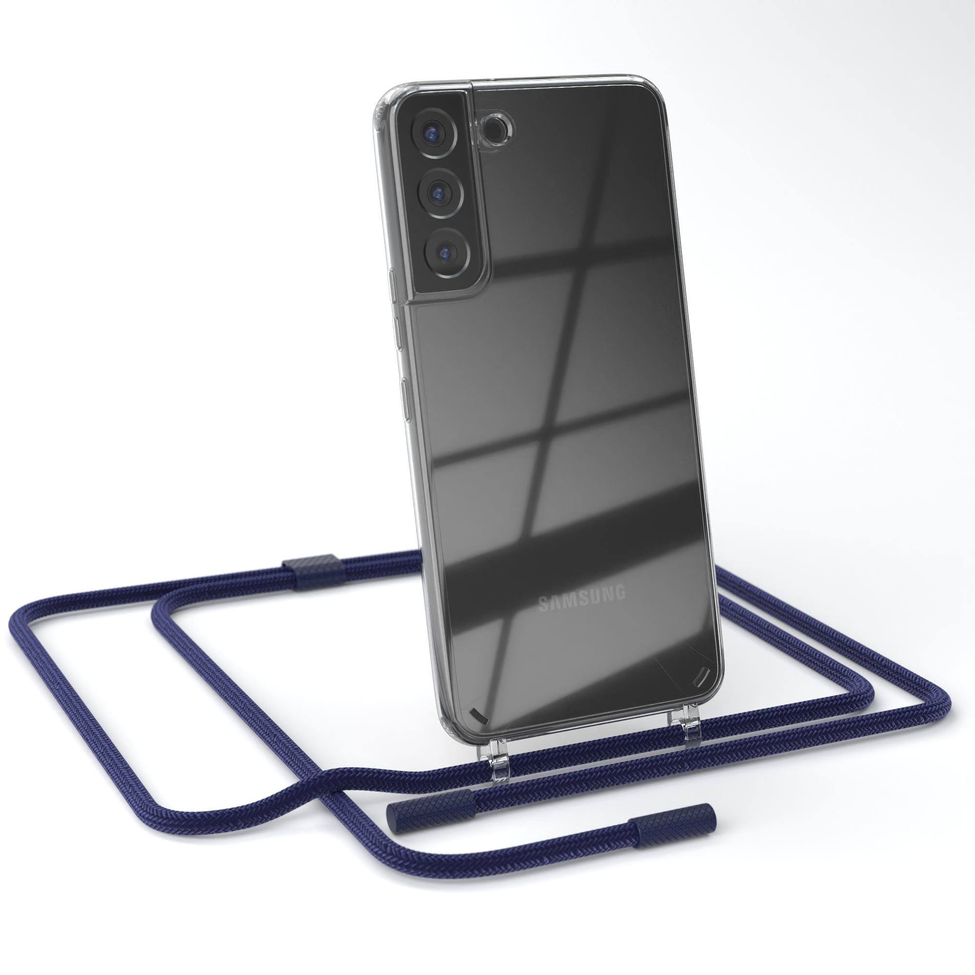 Eine transparente Handyhülle mit blauem Kabel. Das Telefon befindet sich auf weißem Hintergrund.