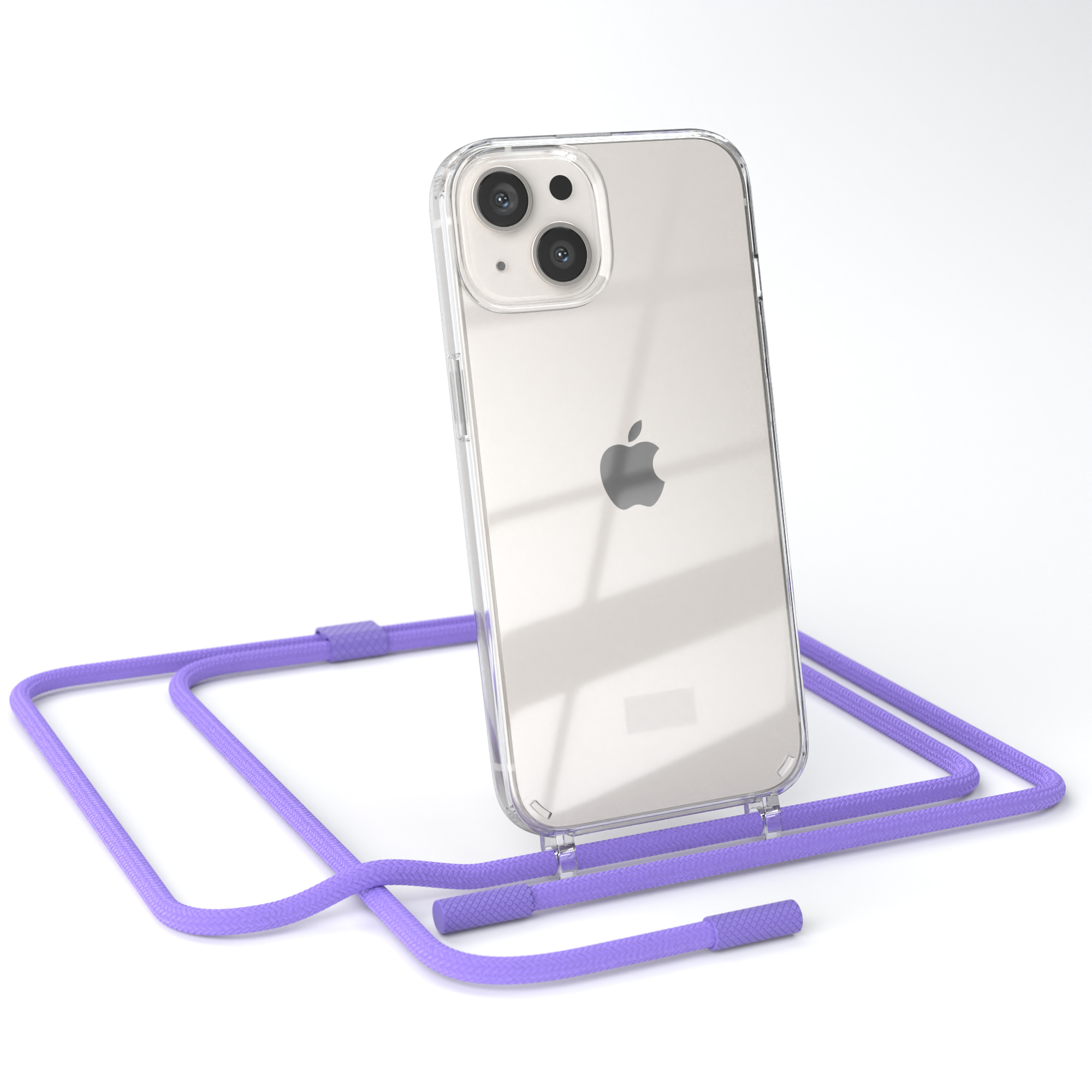 Transparente Handyhülle mit lila Riemen, Telefon mit Apfel-Logo auf weißer Oberfläche.