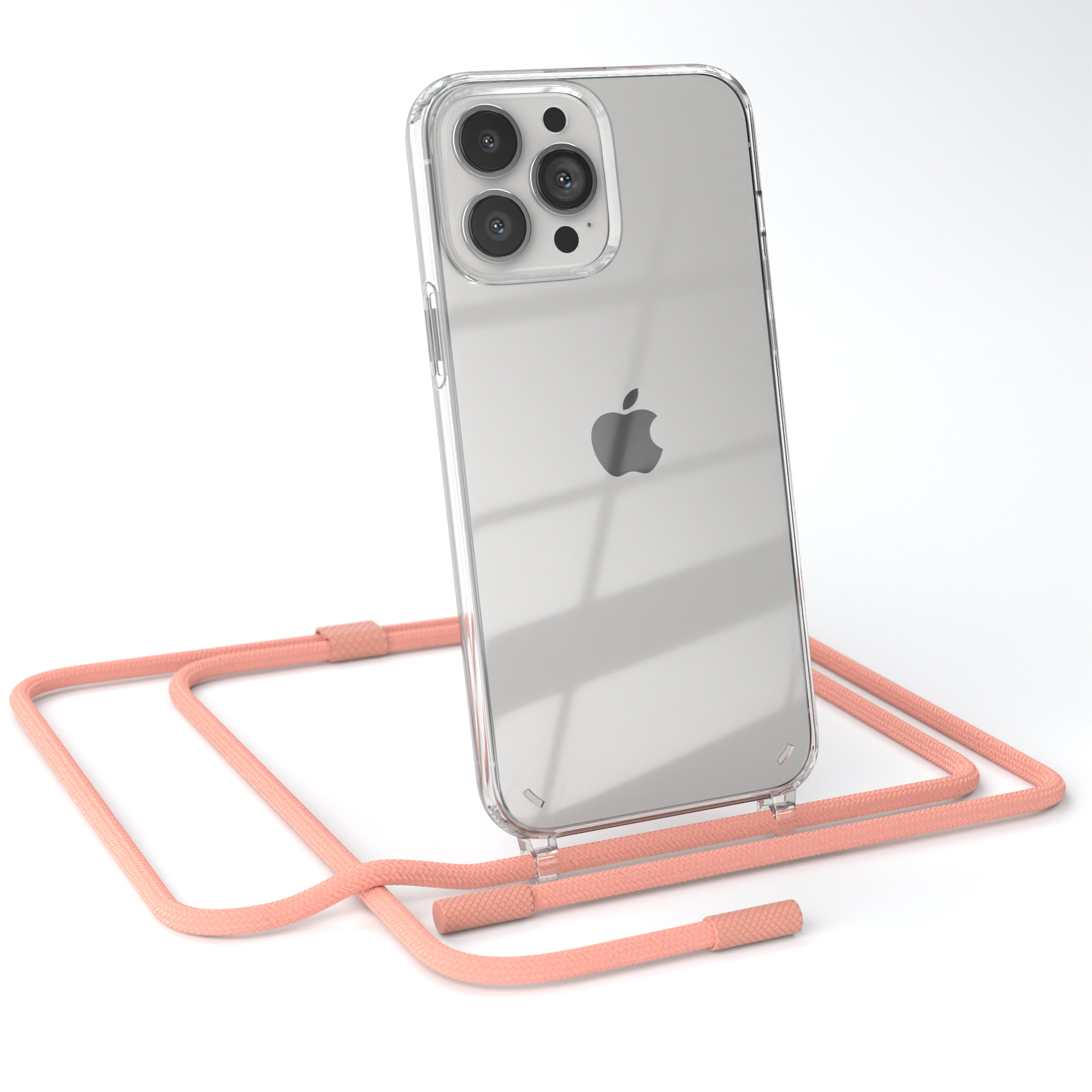 Eine transparente Handyhülle mit einem pfirsichfarbenen Schlüsselband. Das Telefon hat mehrere Kameras.