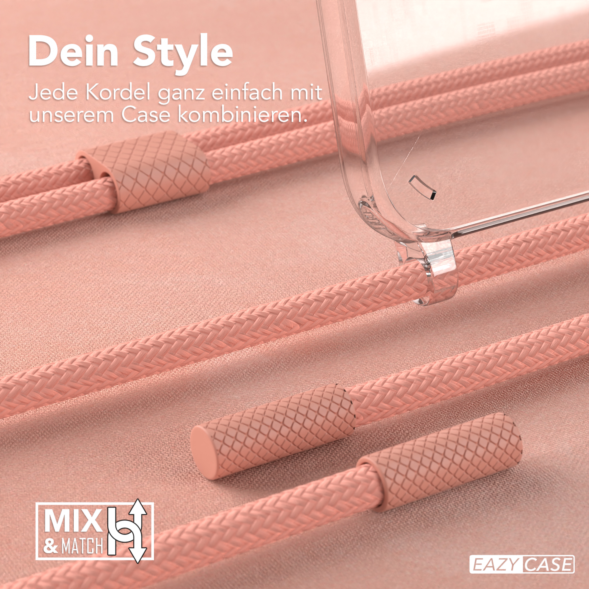 Rosa Handyhülle mit rosa Kordeln und eine transparente Handyhülle.