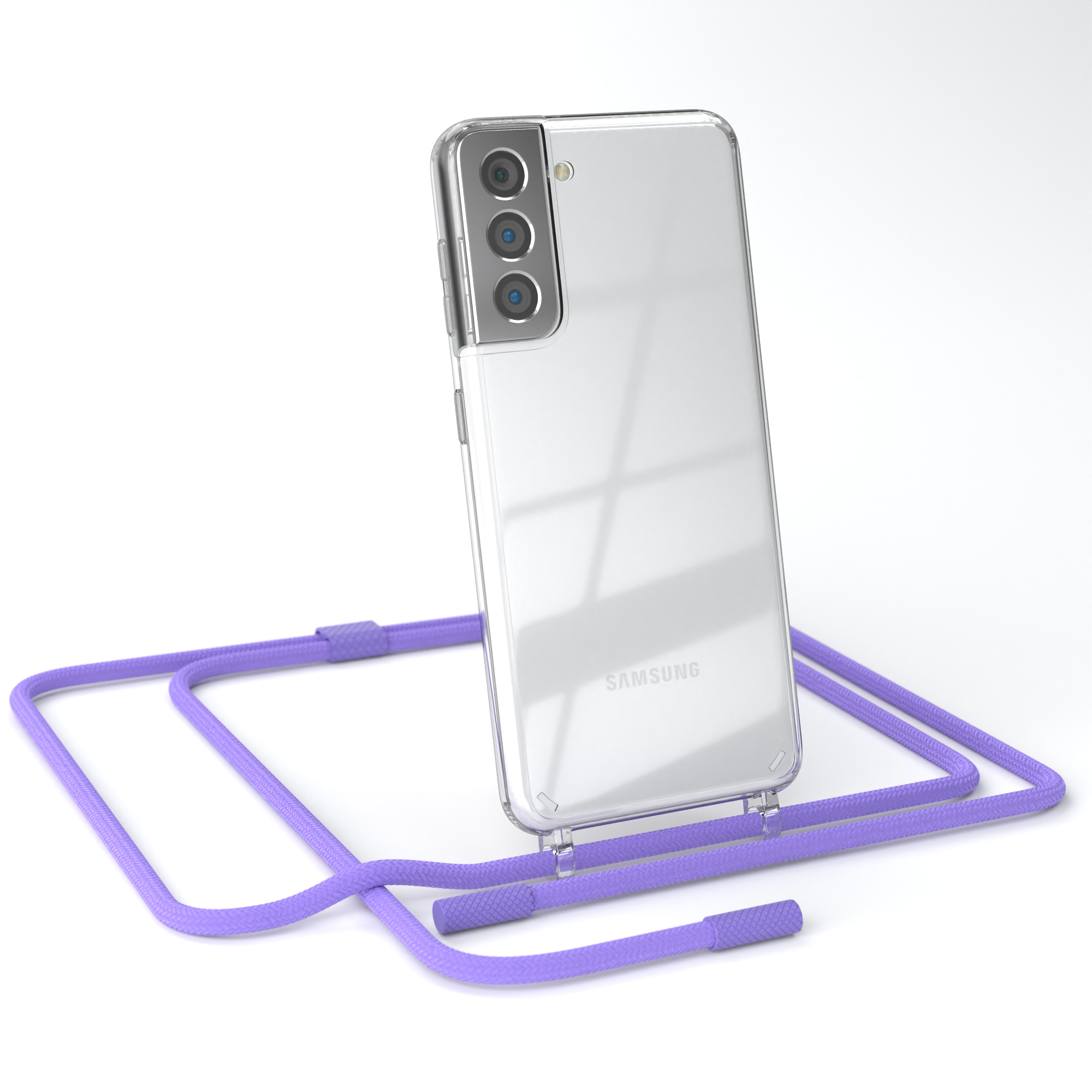 Transparente Handyhülle auf Samsung-Telefon mit lila Handygurt, isoliert auf Weiß.