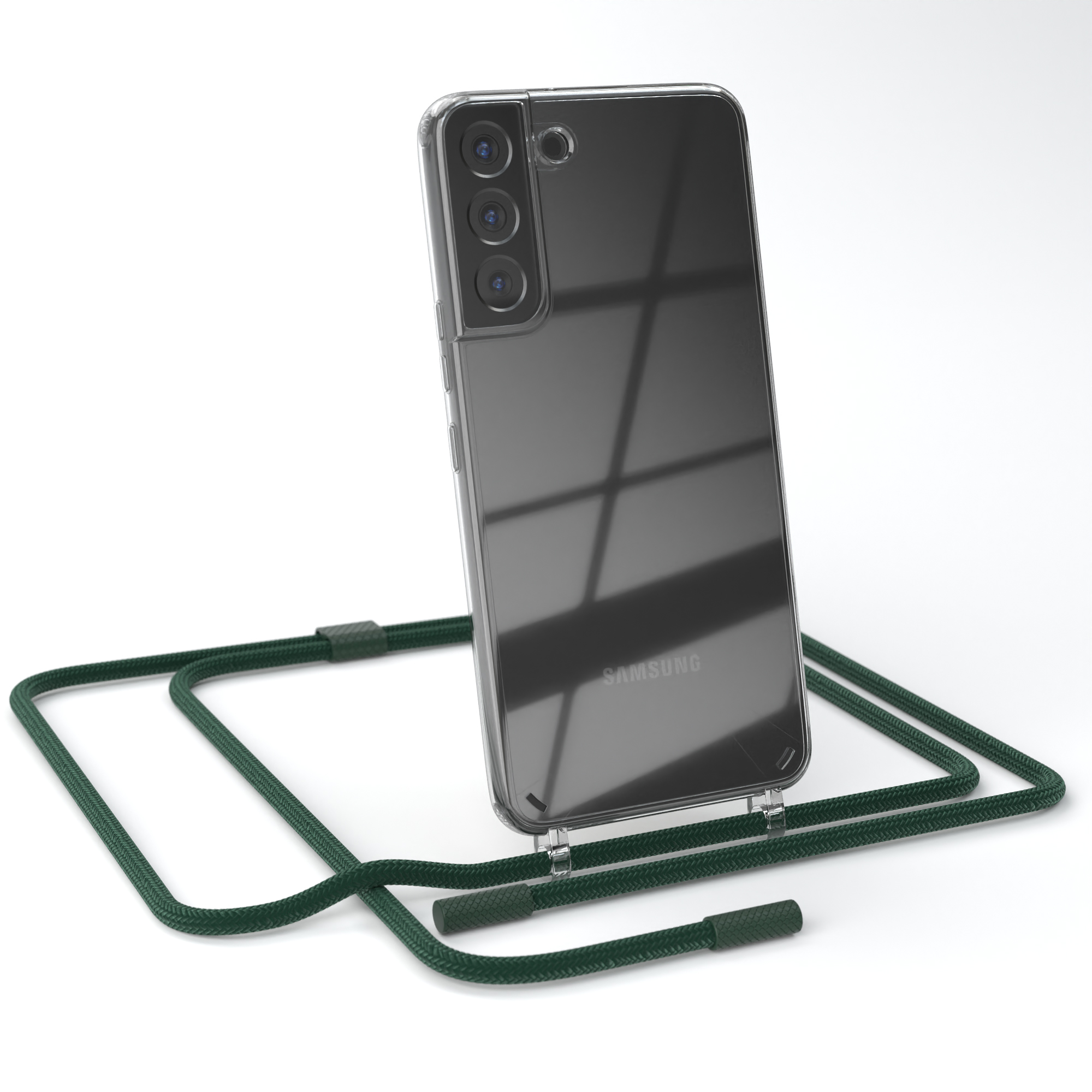 Eine transparente Handyhülle mit grünem Kabel. Das Telefon befindet sich auf weißem Hintergrund.