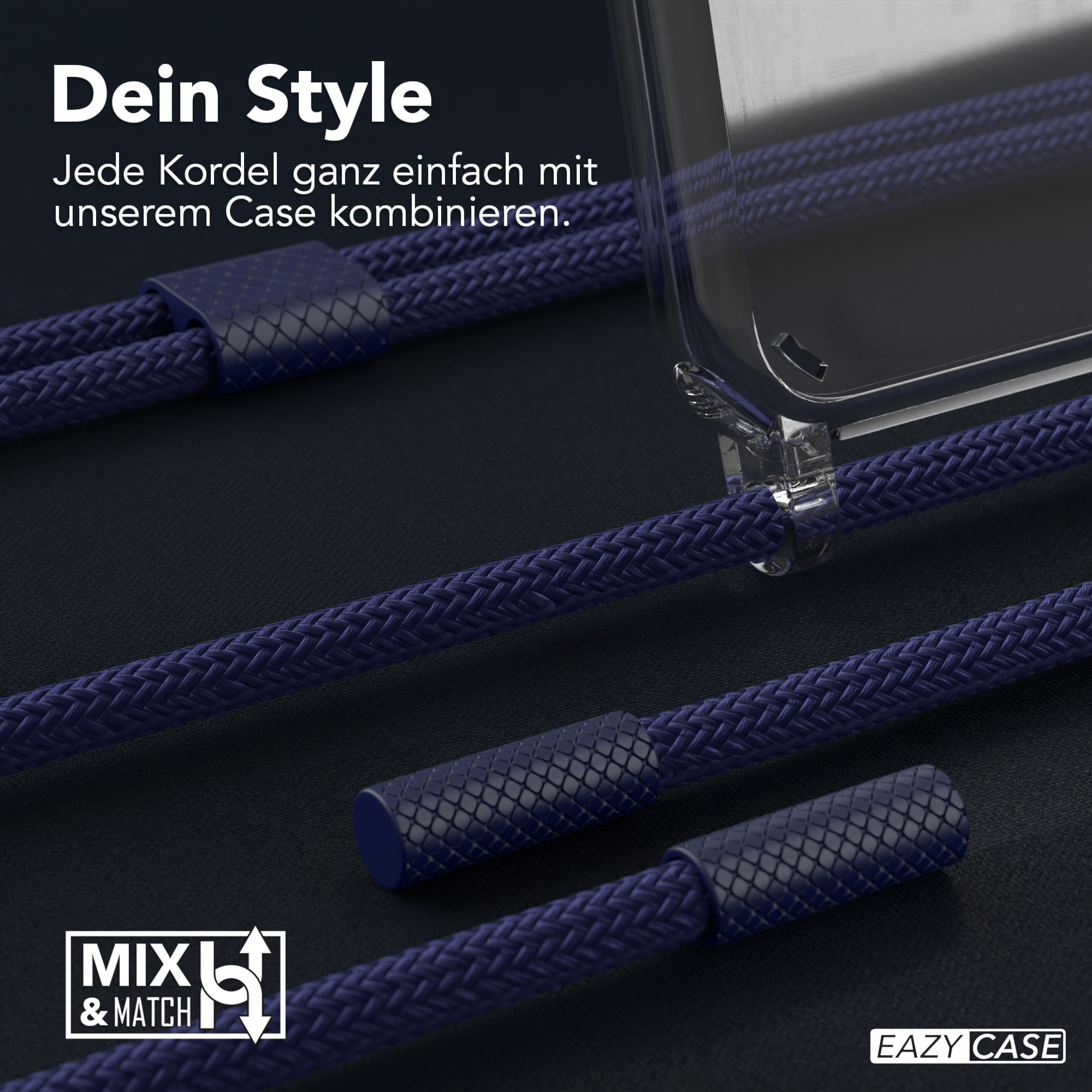 Nahaufnahme von Telefon-Lanyard und -Hülle. Blau geflochtene Schnur mit einer Handyhülle. Dunkler Hintergrund.