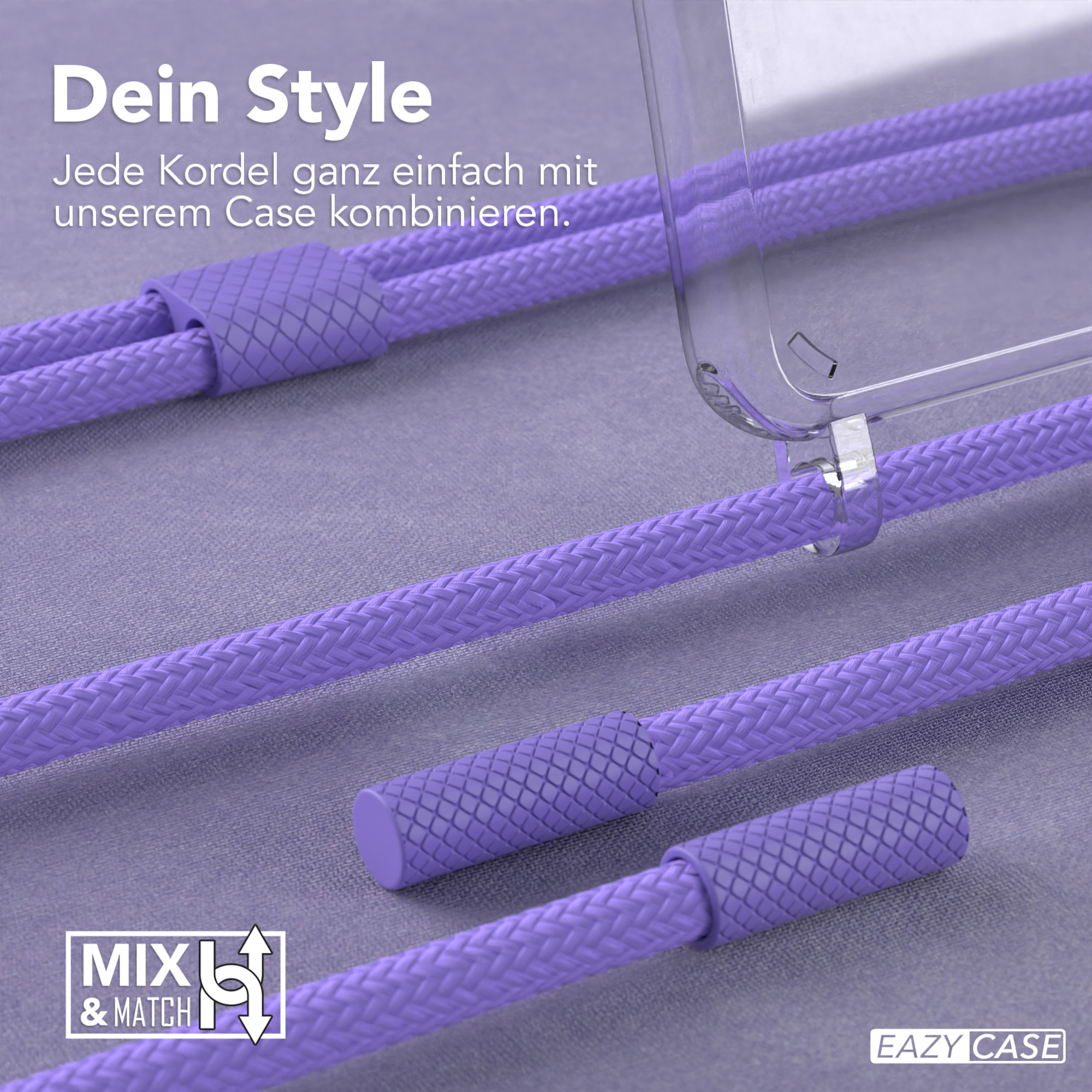 Nahaufnahme von drei lila Kabeln und einer durchsichtigen Handyhülle, mit einem 'MIX & MATCH'-Logo.