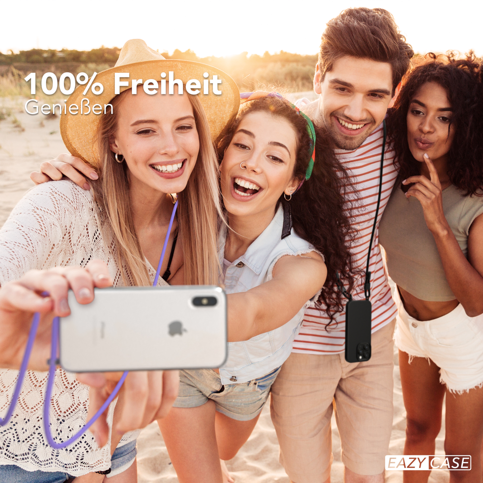 Freundesgruppe macht Selfie mit Handy, alle lächeln, Text: 100% Freiheit.