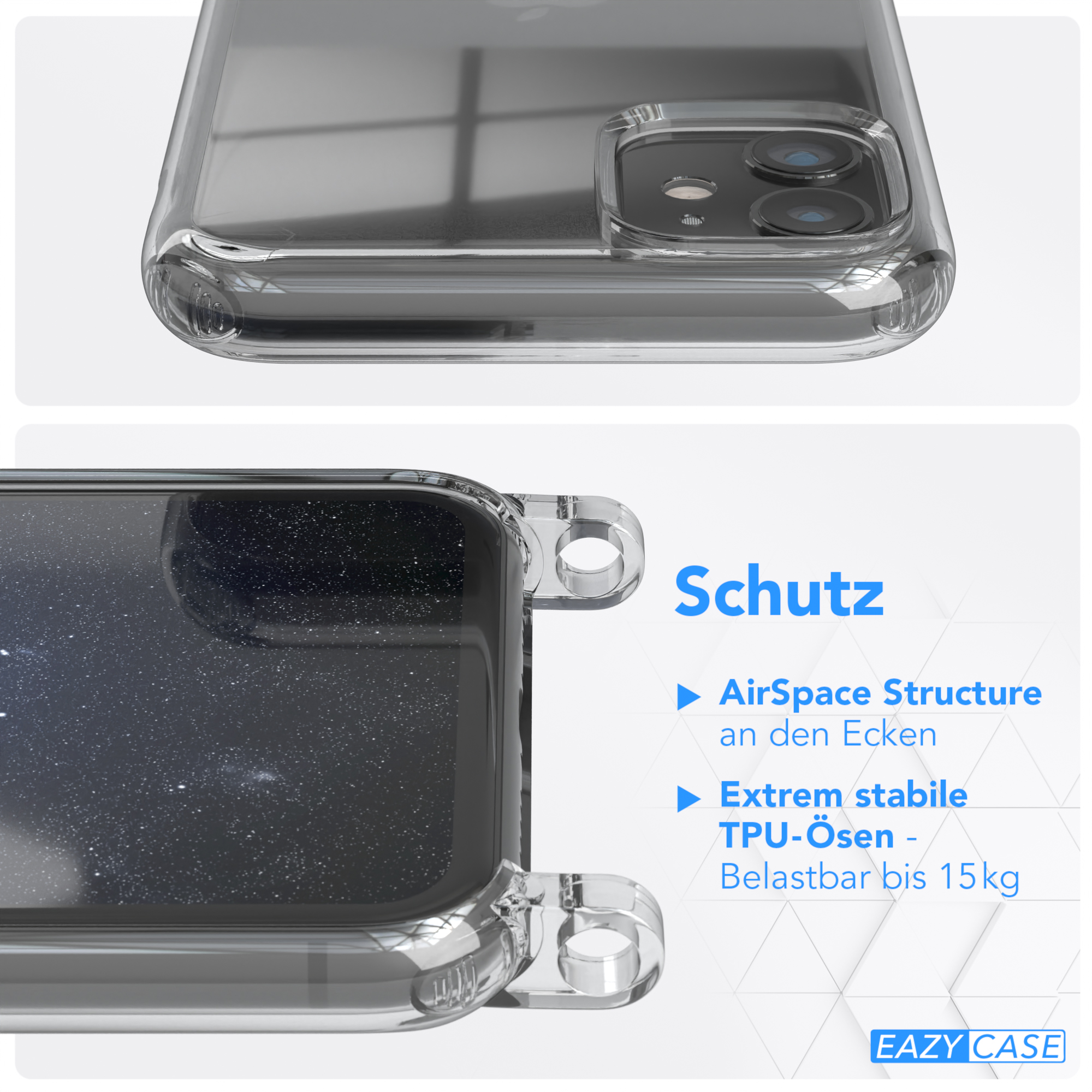 Transparente Handyhülle mit Telefon. Text: 'Schutz'. Weißer Hintergrund.