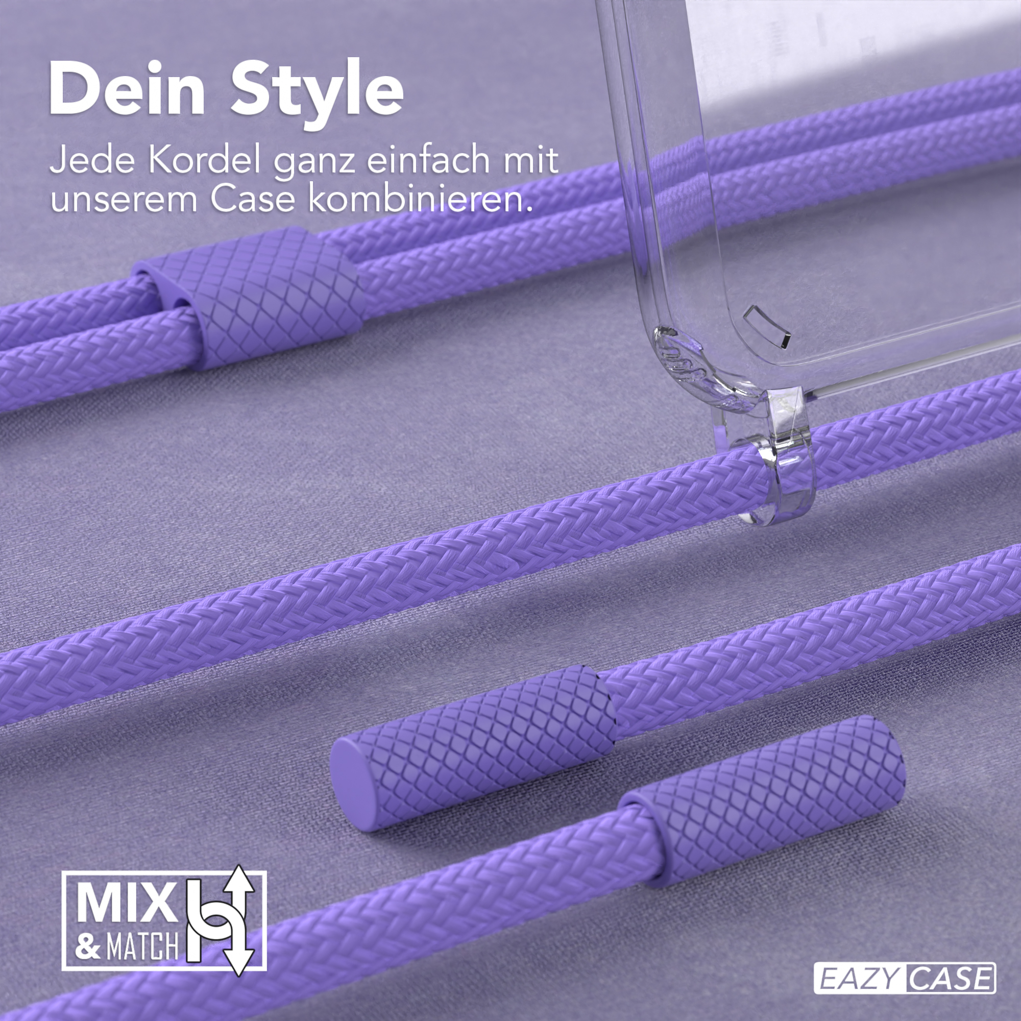 Lila Handyhüllenzubehör, einschließlich einer transparenten Hülle und lilafarbenen Kordeln, mit einem 'Mix & Match'-Logo.