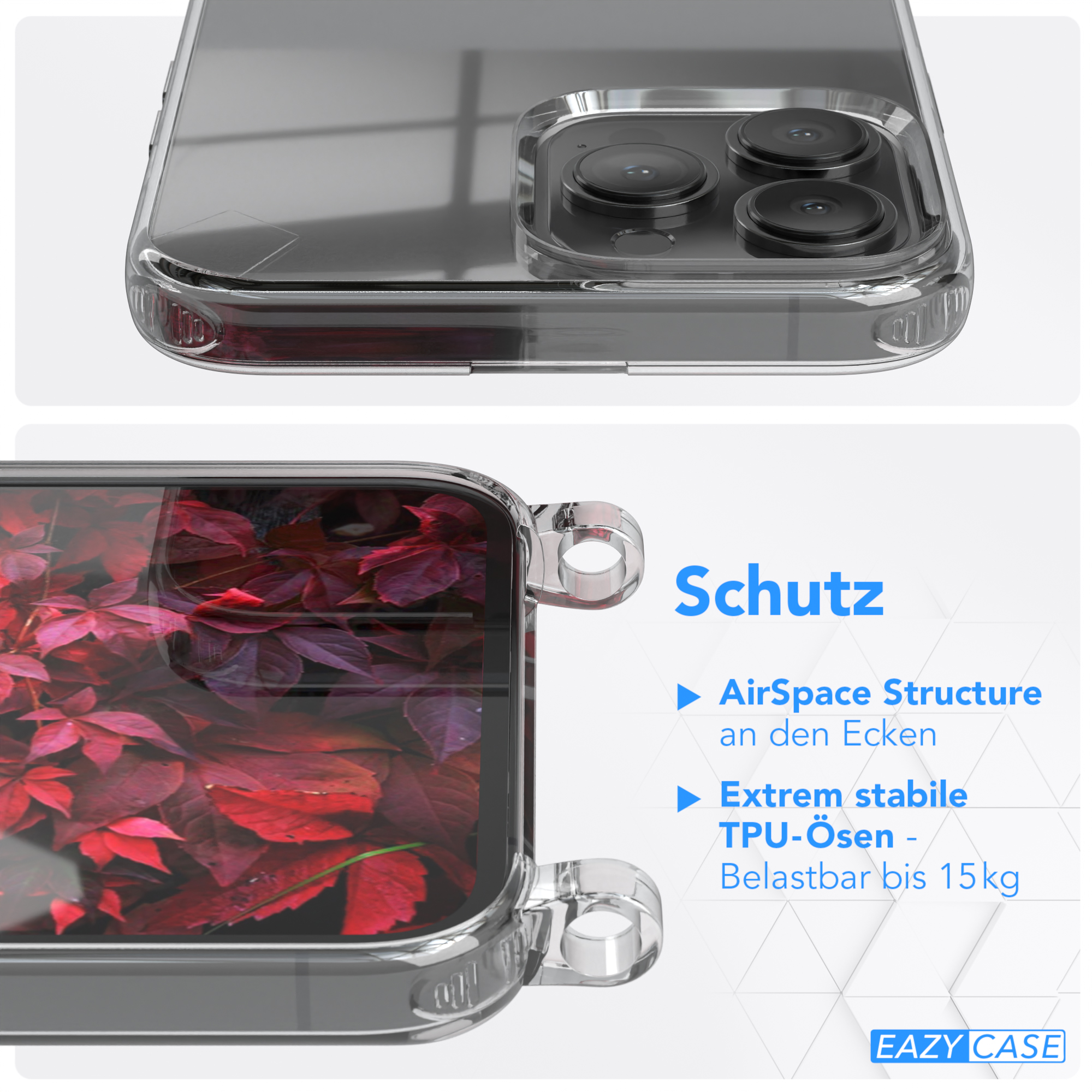 Transparente Handyhülle mit Details. Rote Blätter sind im Inneren sichtbar.
