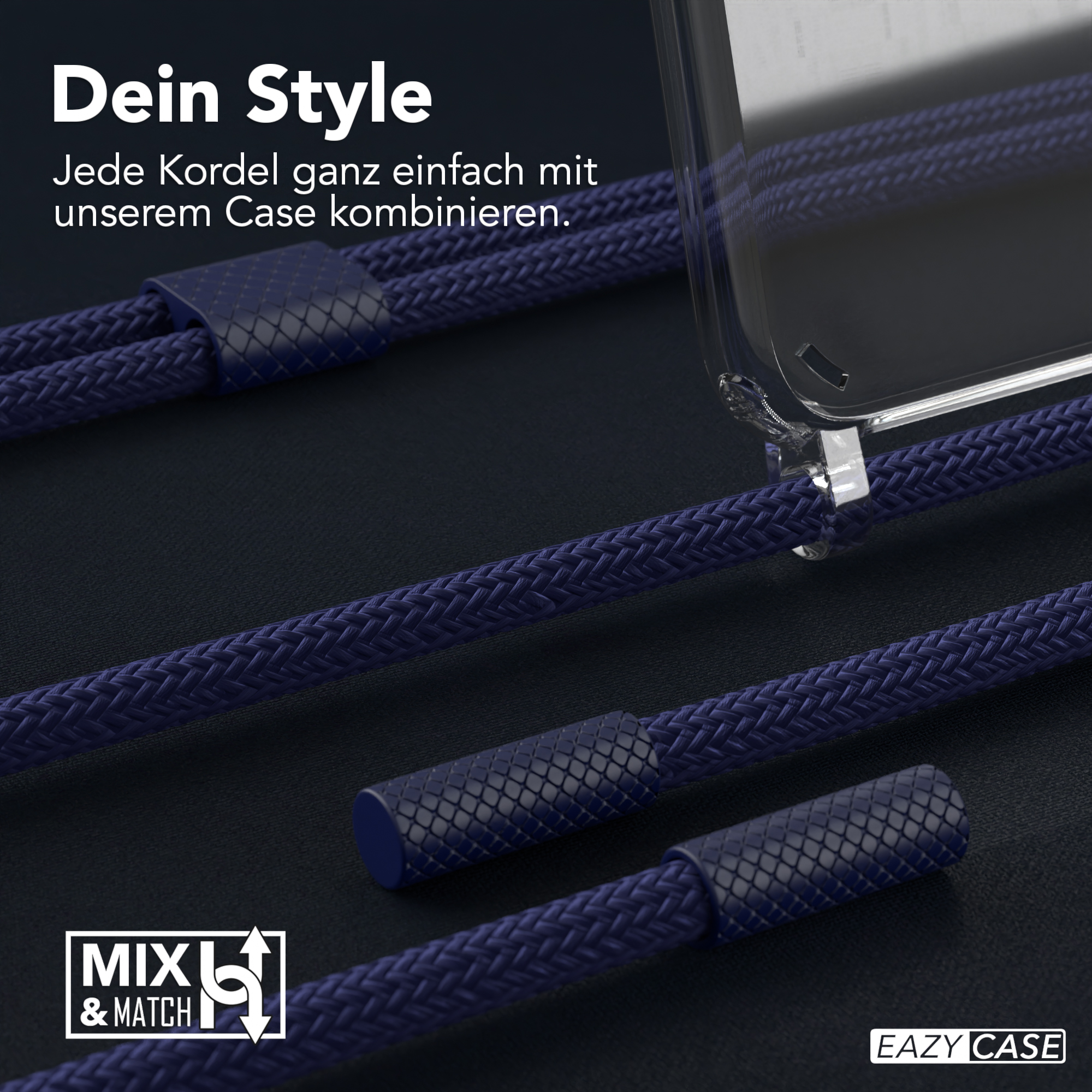 Dunkelblaue geflochtene Handykordel mit transparenter Hülle. Schwarzer Hintergrund.