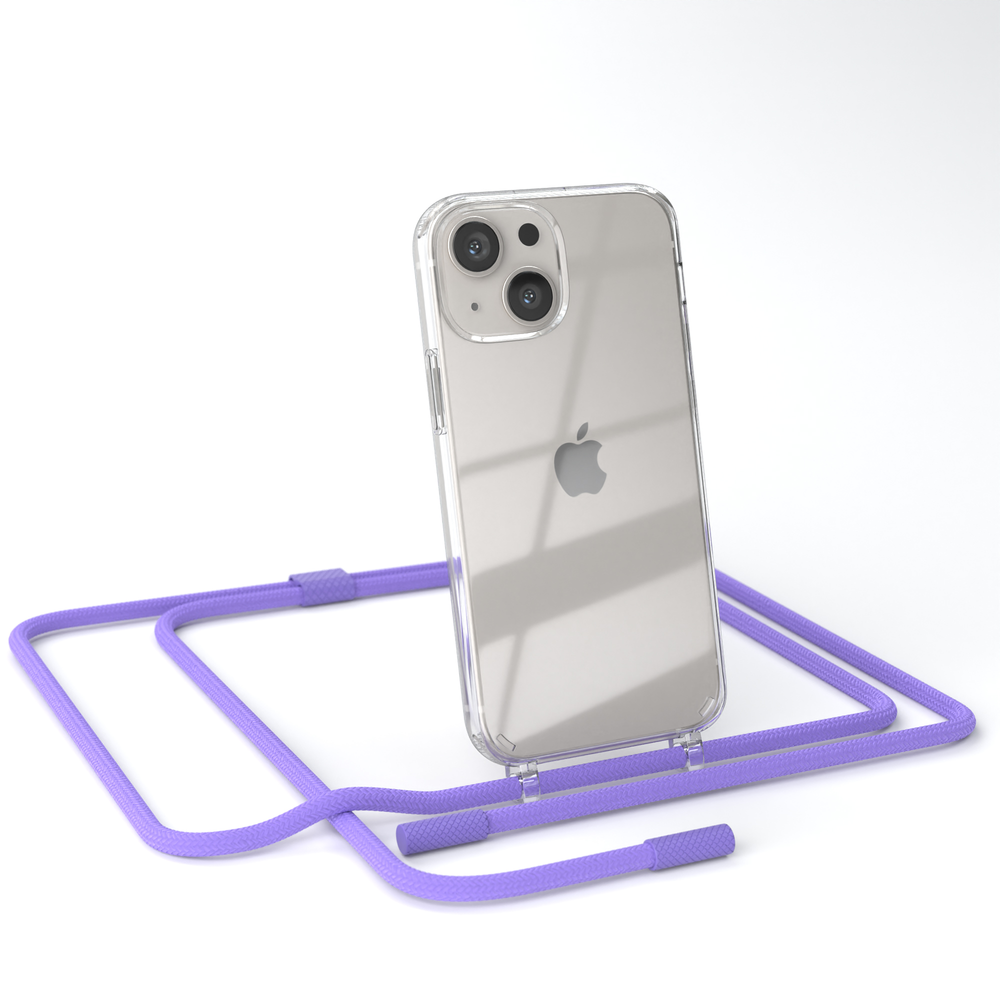 Eine transparente Handyhülle mit einem iPhone und einem lavendelfarbenen Umhängeband auf weißem Grund.