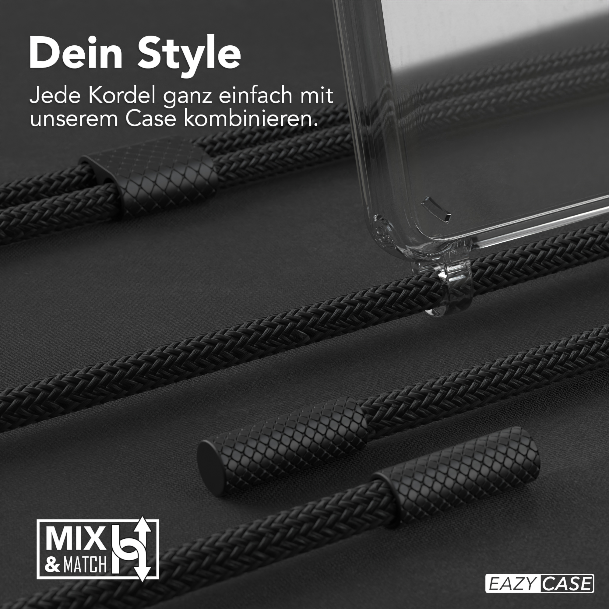 Schwarze geflochtene Handykordel mit transparenter Hülle. Schwarzer Hintergrund.
