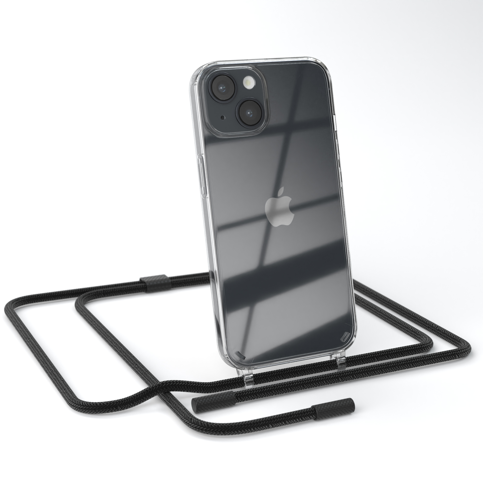 Ein Telefon in einer transparenten Hülle mit schwarzem Riemen wird angezeigt. Es ist auf einer weißen Oberfläche.