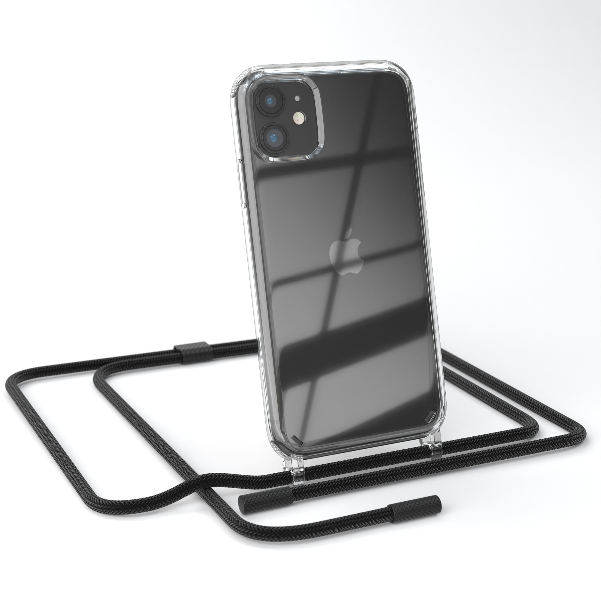 Transparente Handyhülle mit schwarzem Lanyard, zeigt ein Telefon mit zwei Rückkameras.