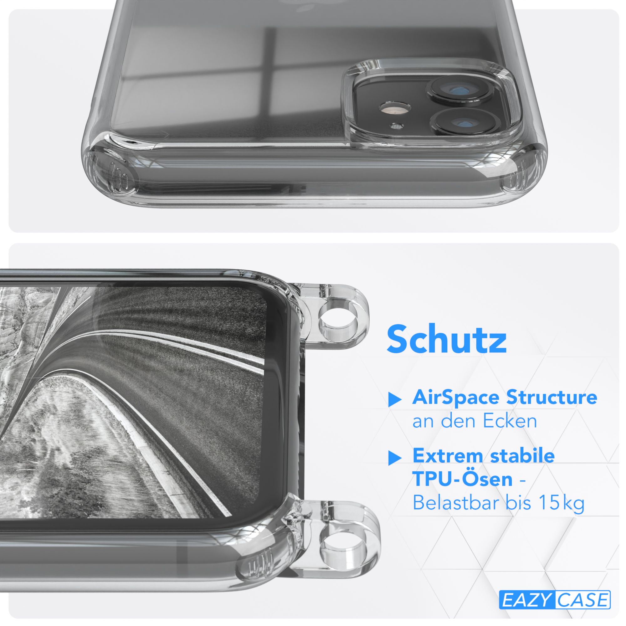 Nahaufnahme einer Handyhülle, die die Ecken und die Struktur zeigt. Text: 'AirSpace Structure'.