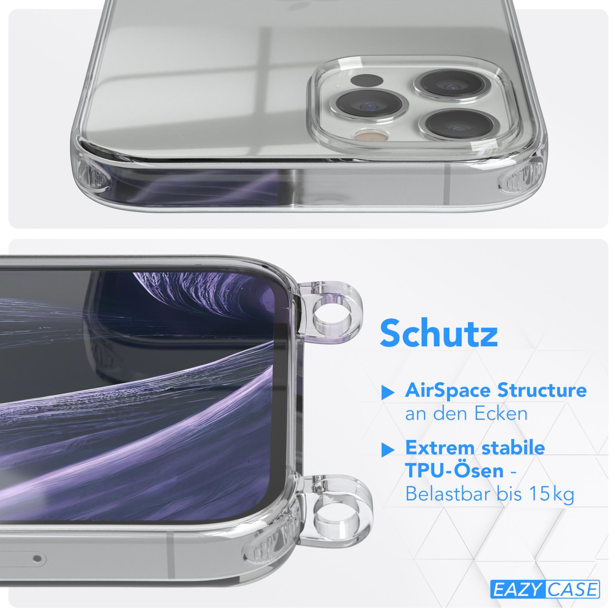 Transparente Handyhülle mit dunklem Innendesign. Text zu Funktionen steht rechts.