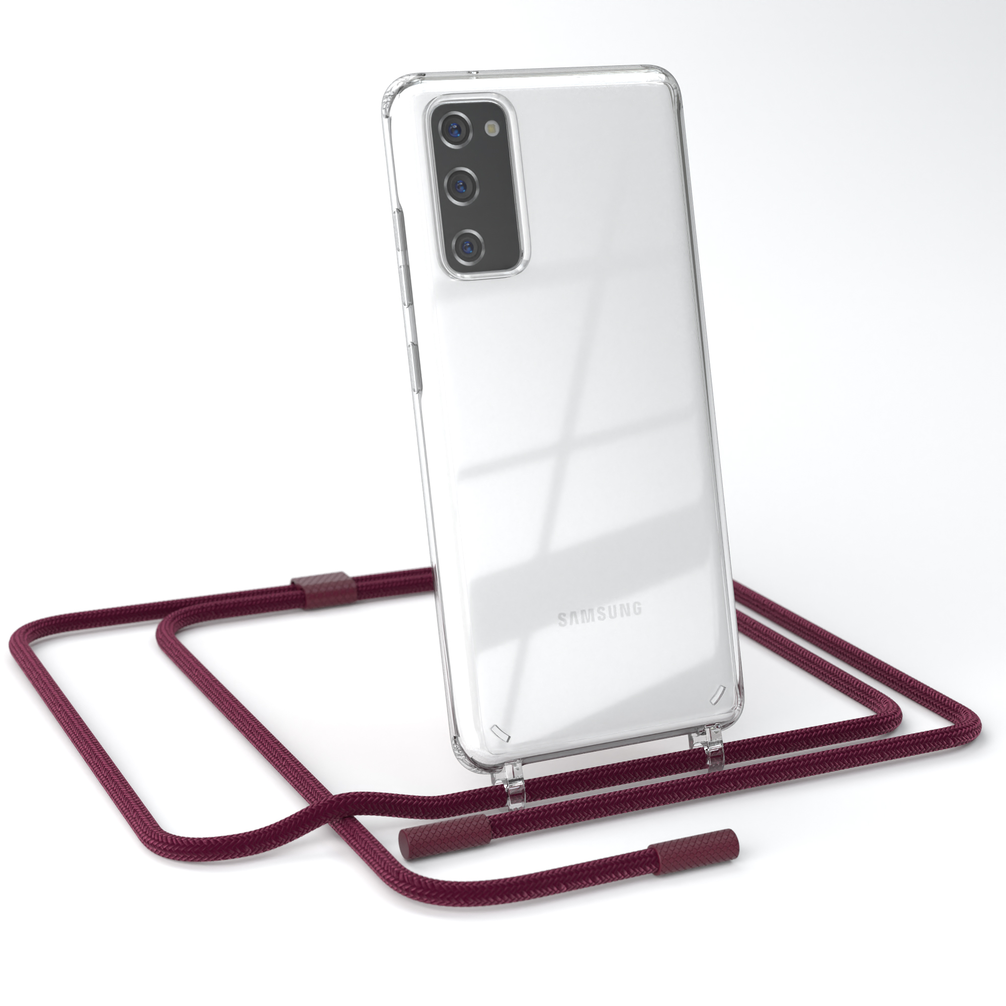 Transparente Handyhülle mit bordeauxrotem Seil. Ein Samsung-Handy befindet sich in der Hülle. Das Seil dient zum Tragen.