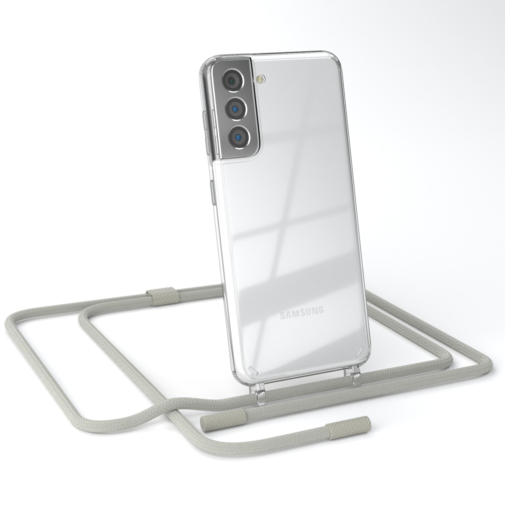 Transparente Handyhülle auf einem Samsung-Handy mit grauem Schlüsselband. Weißer Hintergrund.
