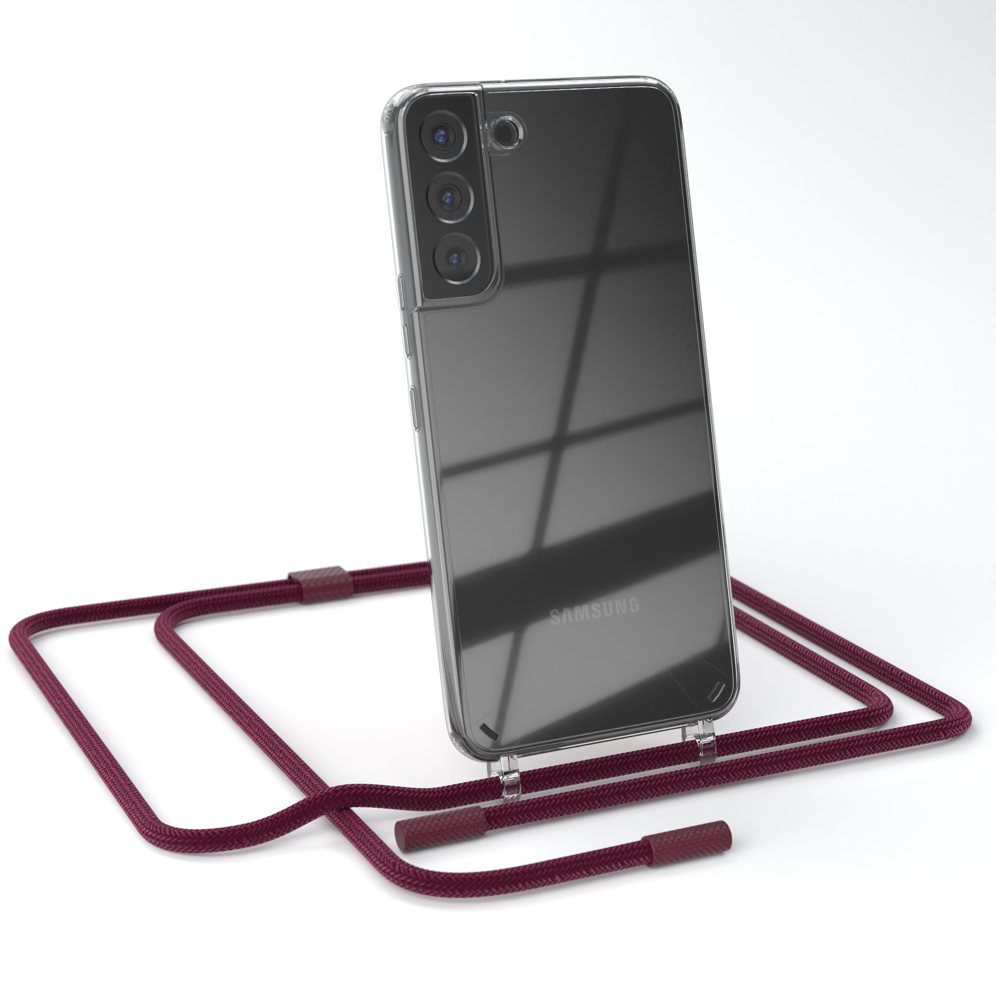 Eine transparente Handyhülle mit einer weinroten Kordel. Das Telefon hat eine Kamera.