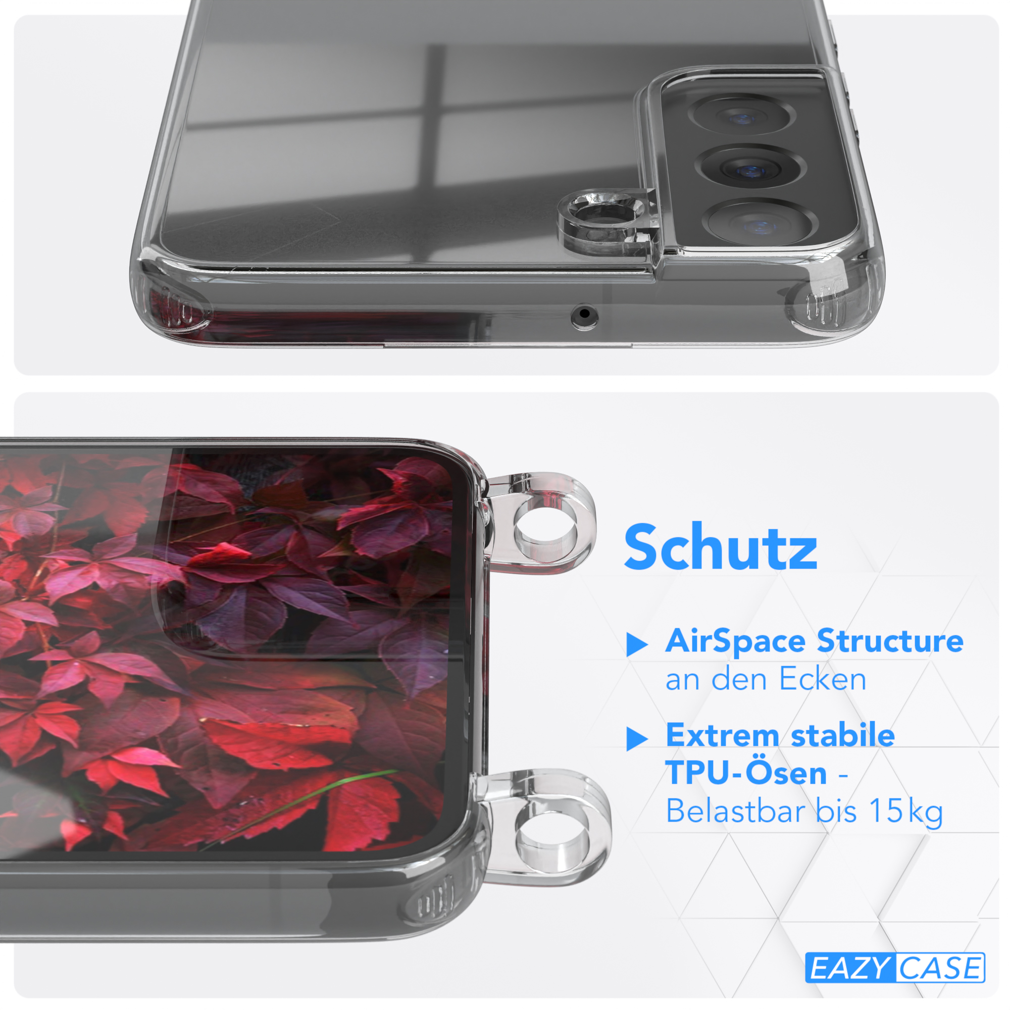 Eine transparente Handyhülle mit TPU-Ring. Das Telefon ist sichtbar. Die Hülle hat Sicherheitsmerkmale.