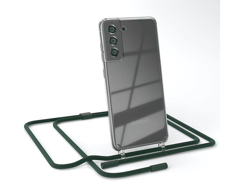 EAZY CASE Transparente Handyhülle mit runder Kette unifarbend, Umhängetasche, Samsung, Galaxy S21 FE 5G, Dunkelgrün / Nachtgrün